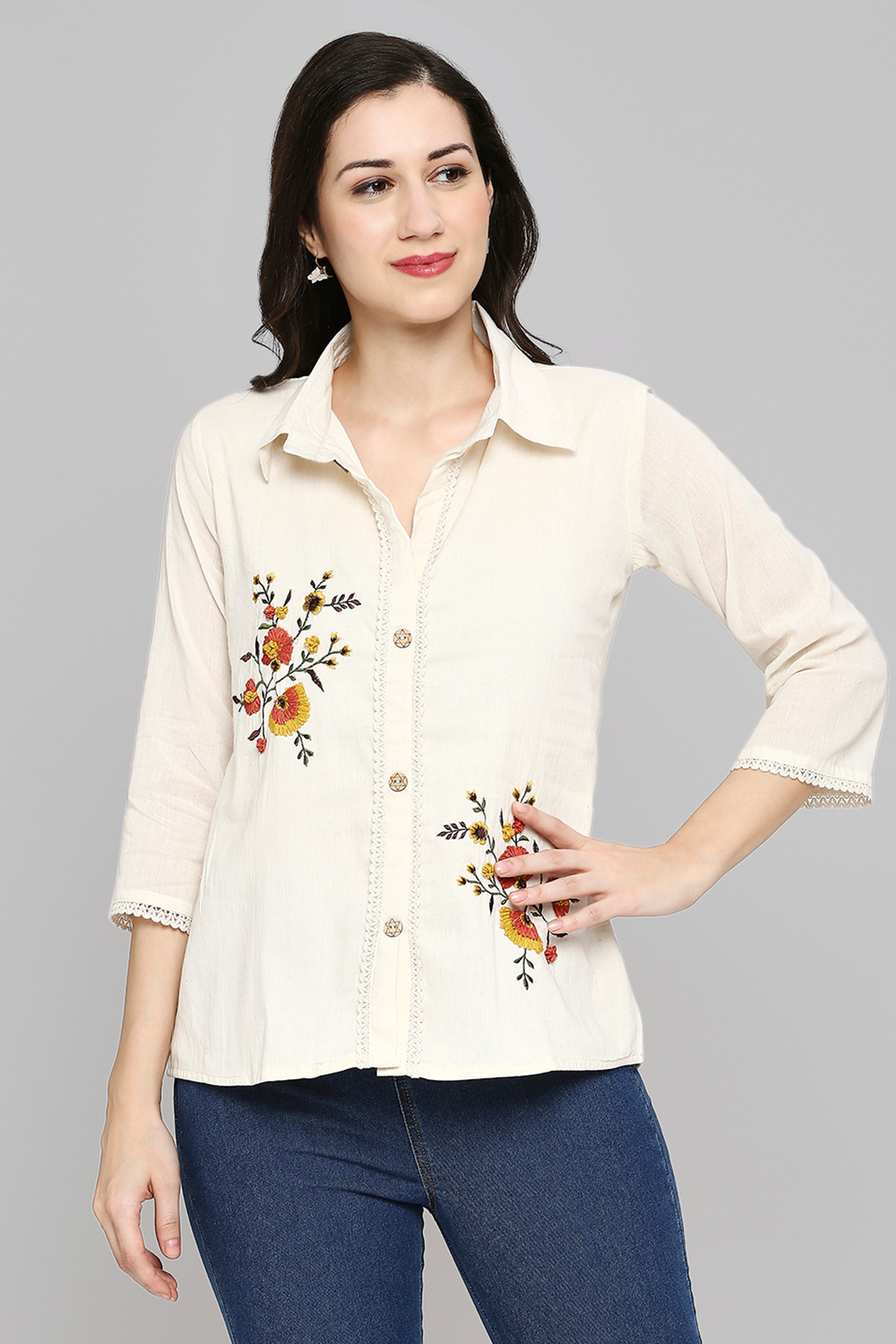 Shirt Type Women Embroidered White Khadi cotton Tunic Top