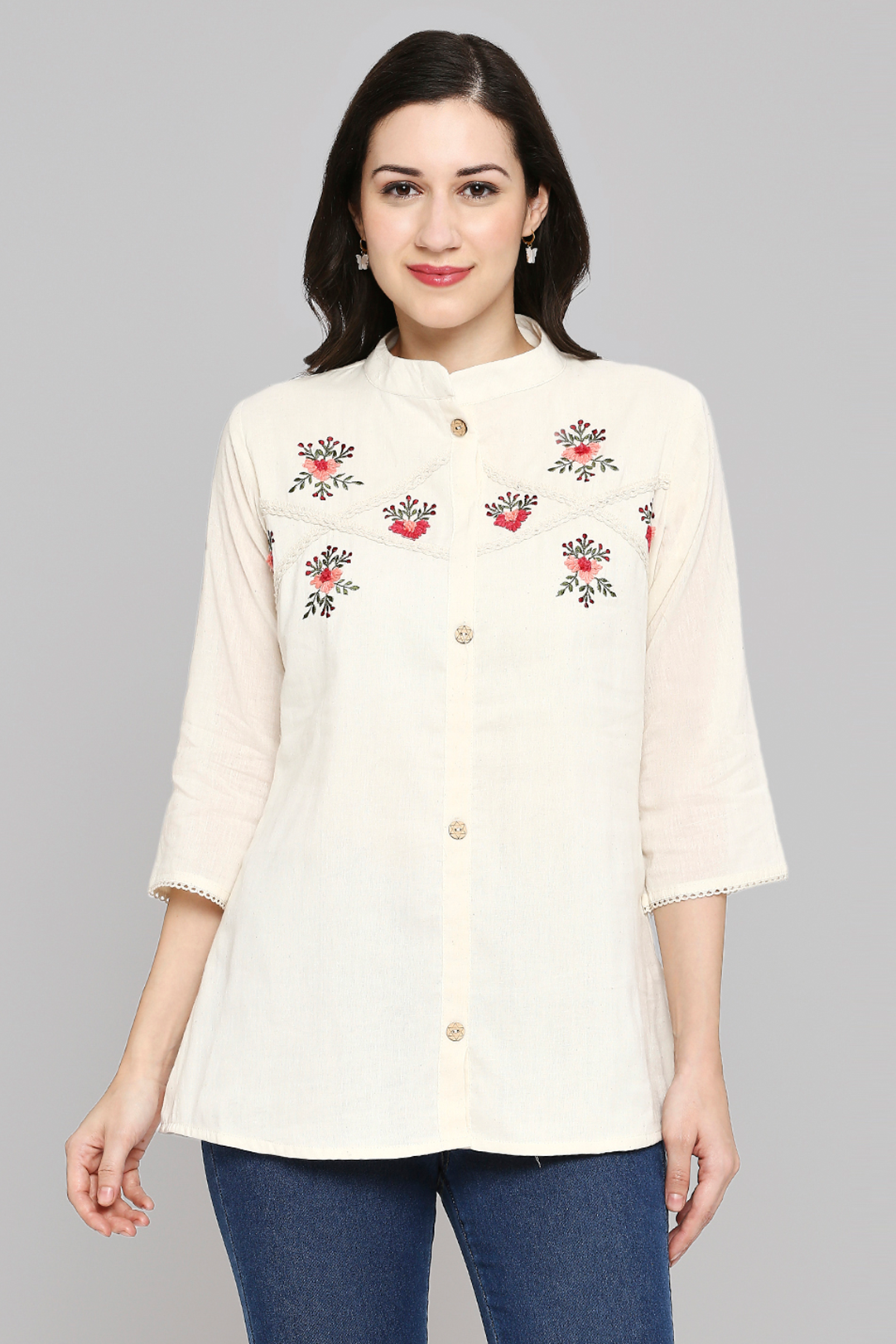 Shirt Type Women Embroidered White Khadi cotton Tunic Top