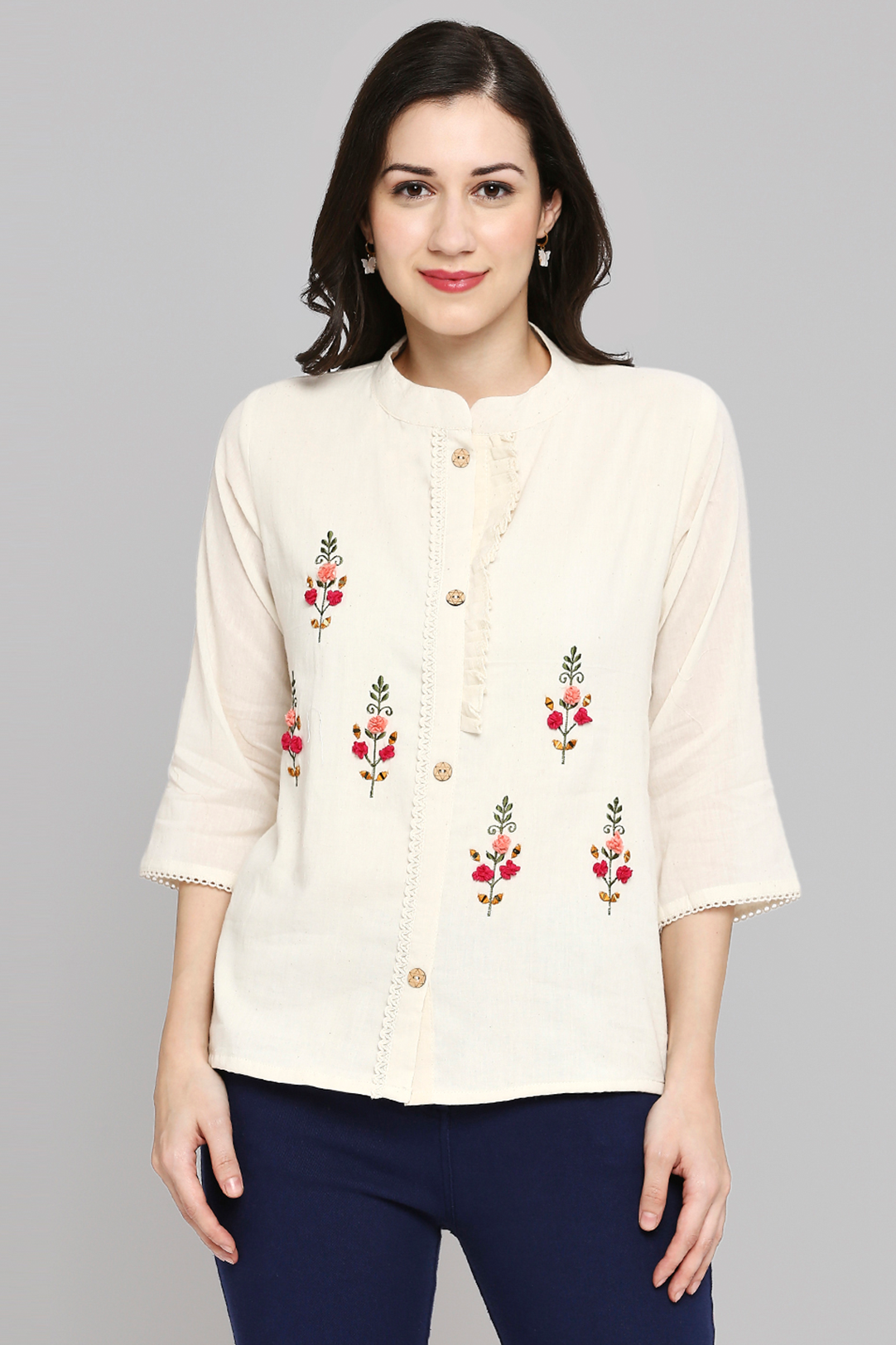 Shirt Type Women Embroidered White Khadi cotton Tunic Top