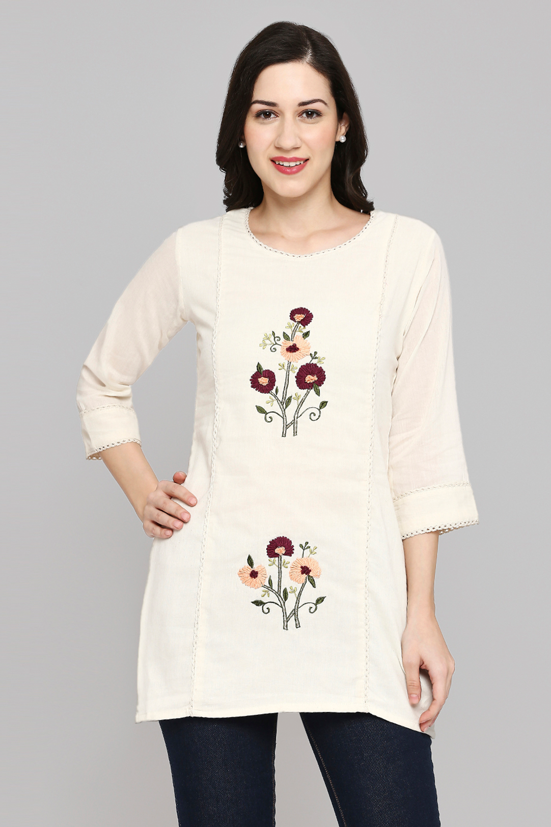 Women Embroidered White Khadi cotton Tunic Top