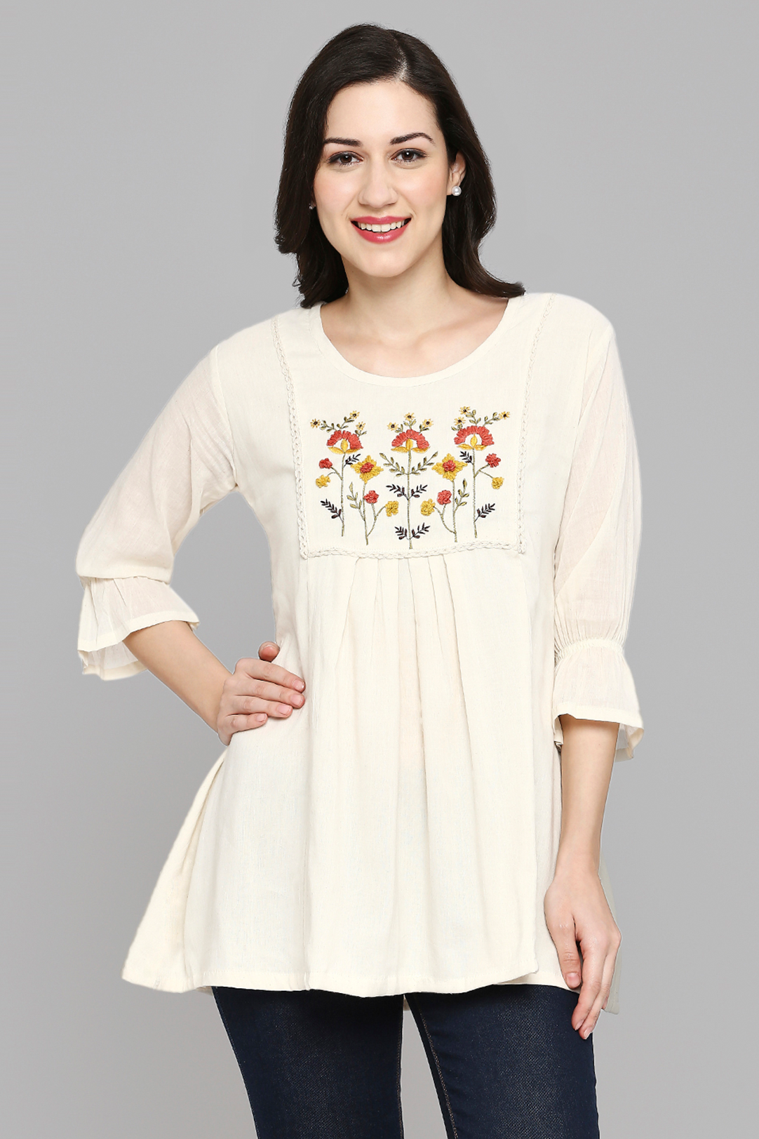 Women Embroidered White Khadi cotton Tunic Top