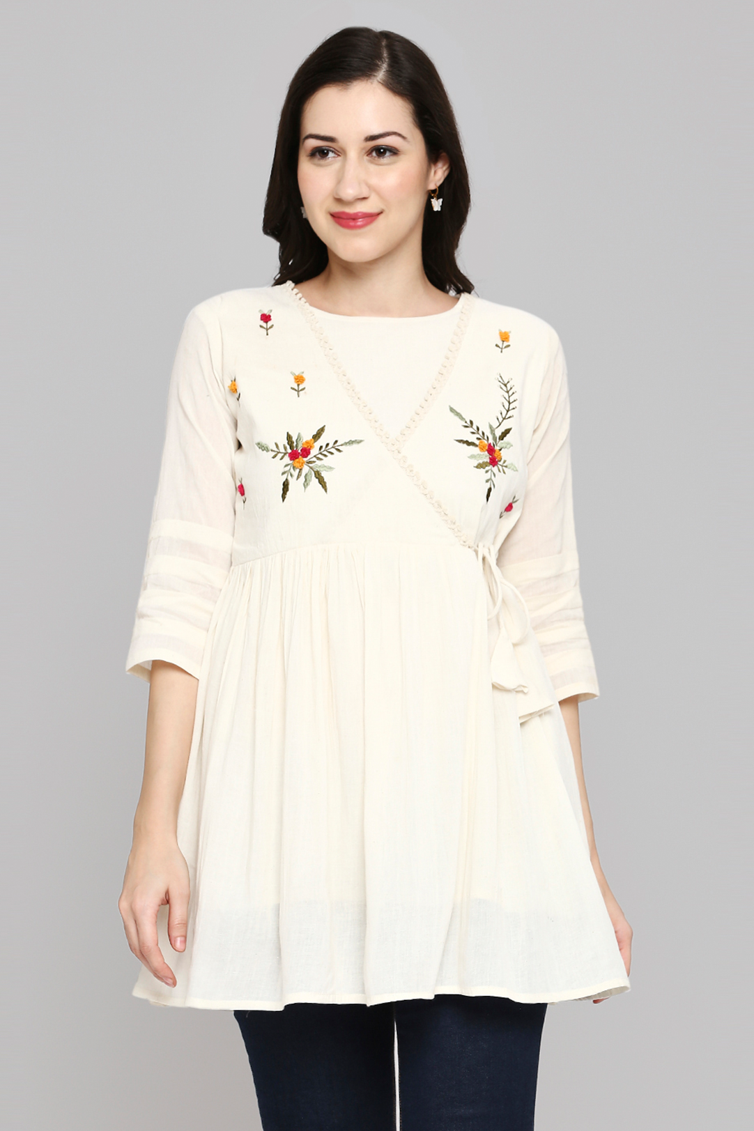 Women Embroidered White Khadi cotton Tunic Top