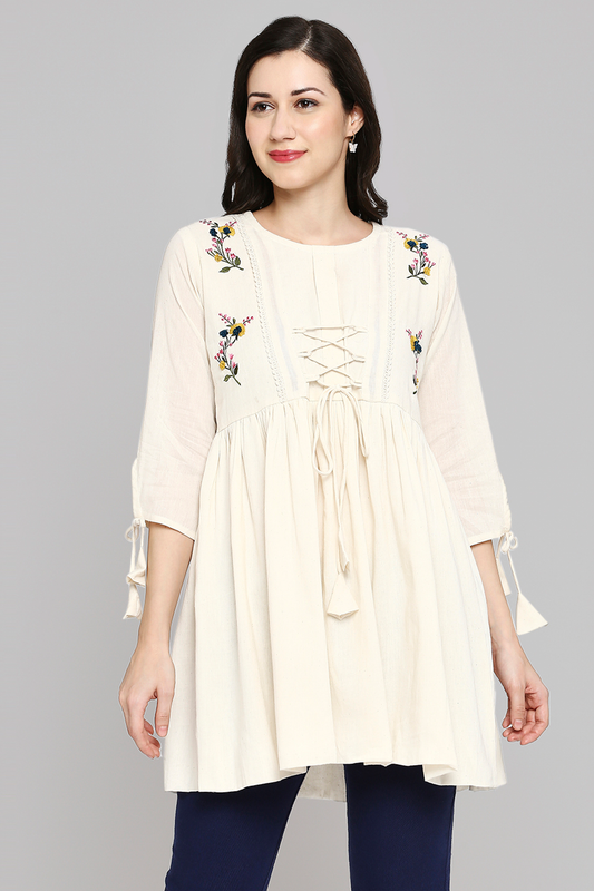 Women Embroidered White Khadi cotton Tunic Top
