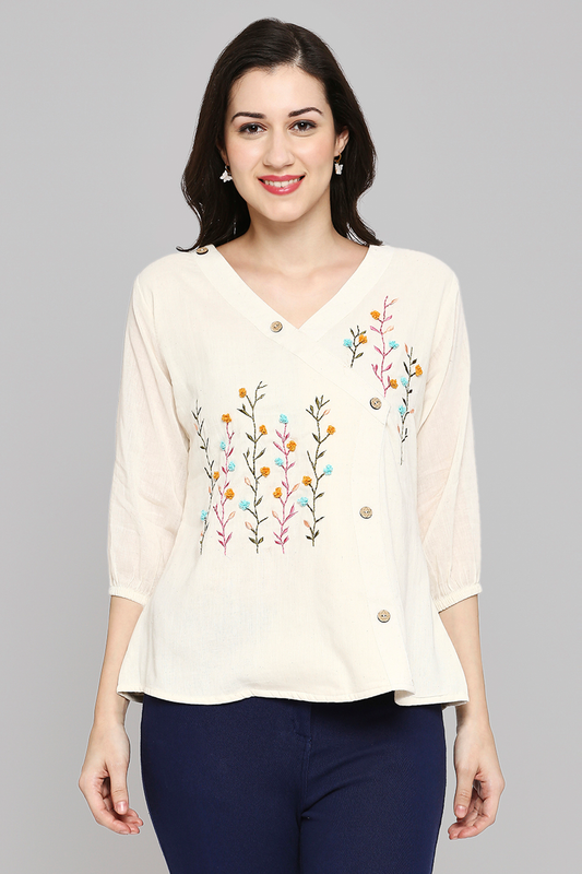 Women Embroidered White Khadi cotton Tunic Top