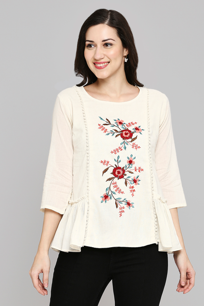 Embroidered White Khadi Cotton Tunic Top for women