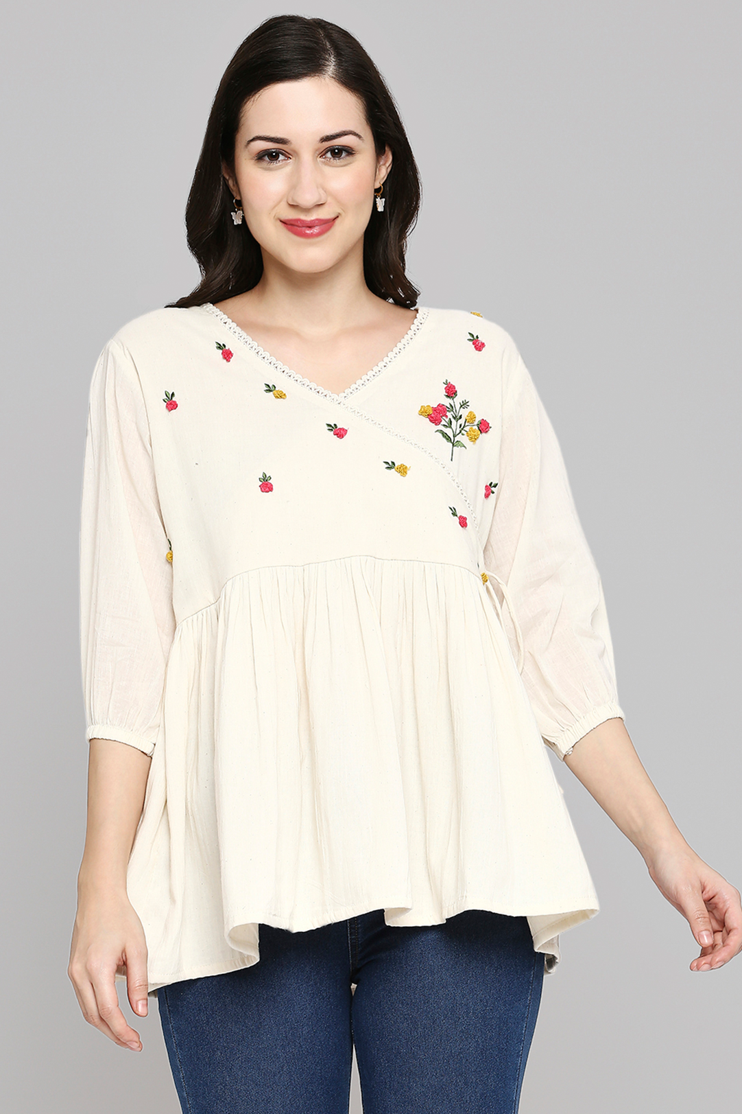 Women Embroidered White Khadi cotton Tunic Top