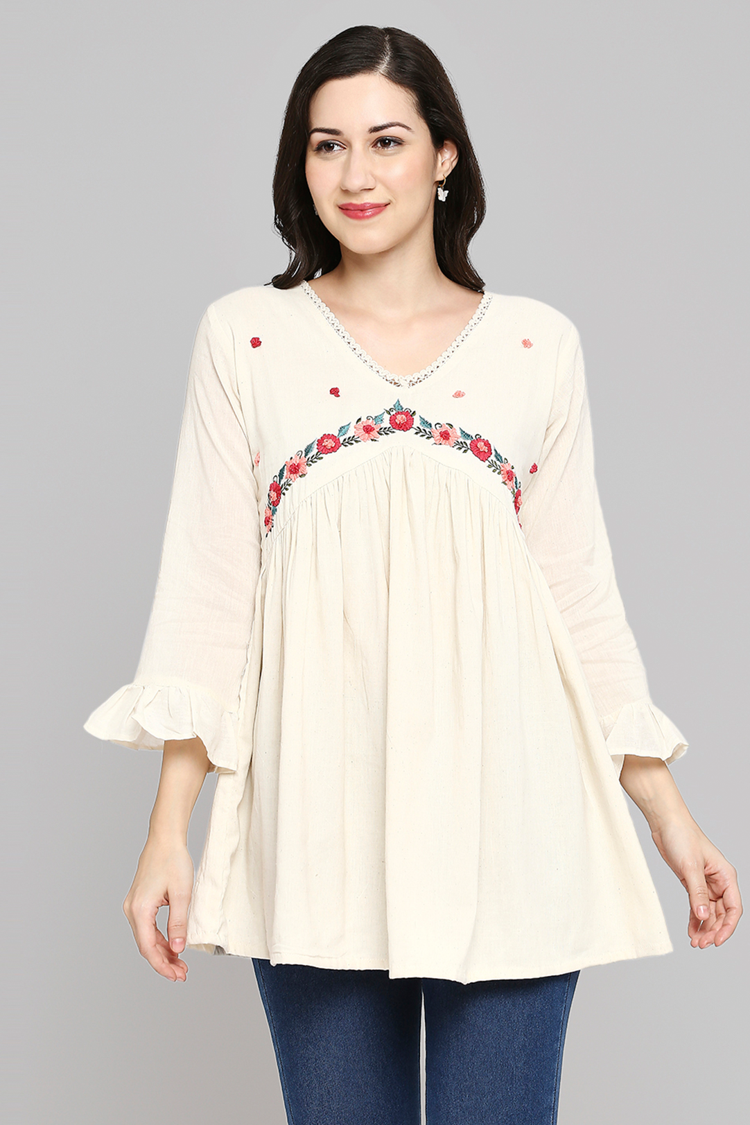 Women Embroidered White Khadi cotton Tunic Top
