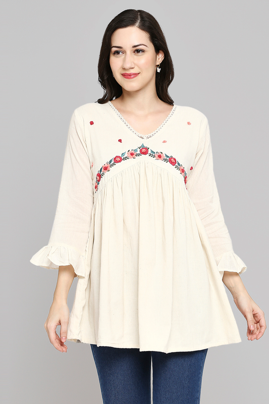 Women Embroidered White Khadi cotton Tunic Top