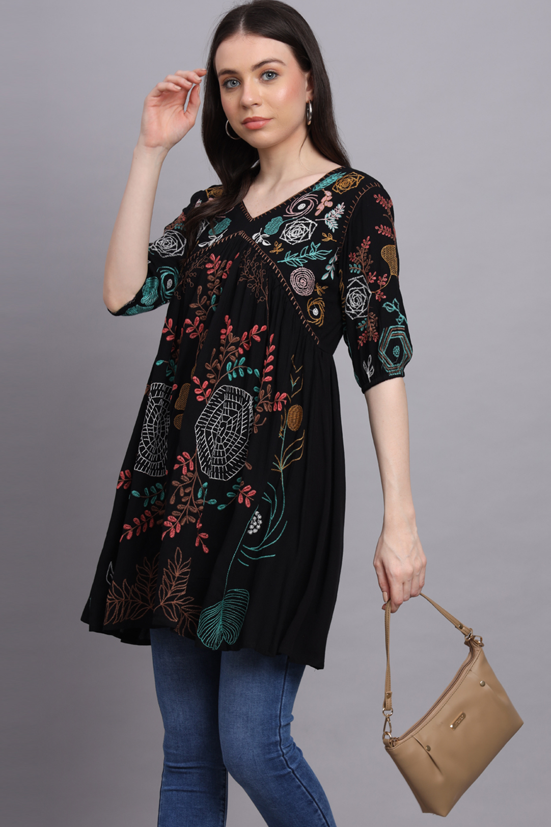 Regular Sleeves Embroidered Women Black Top