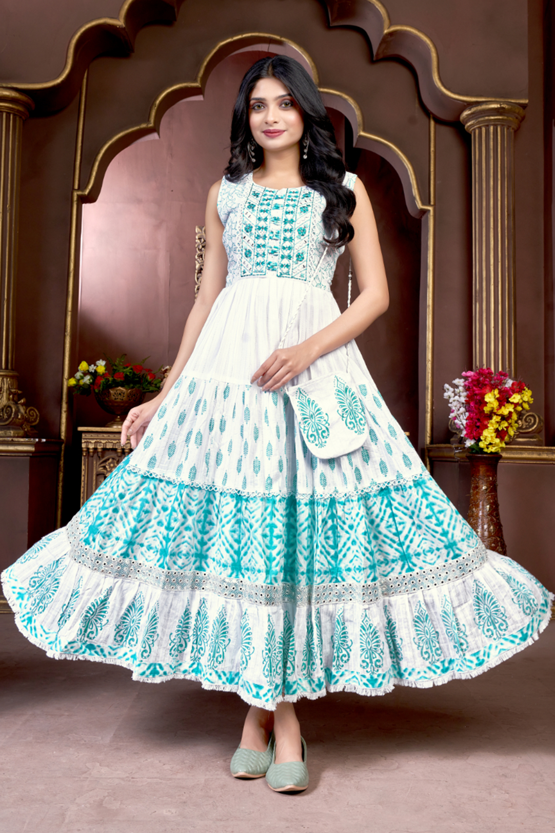 Women Cotton Turquoise Blue Embroidered Mirror Work Gown