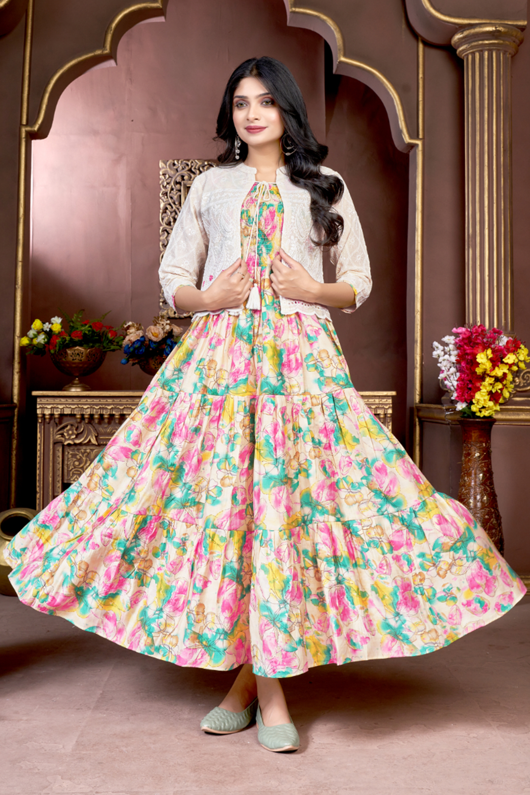 Women Printed Cotton Long Gown Kurti with Schiffli Jacket Koti