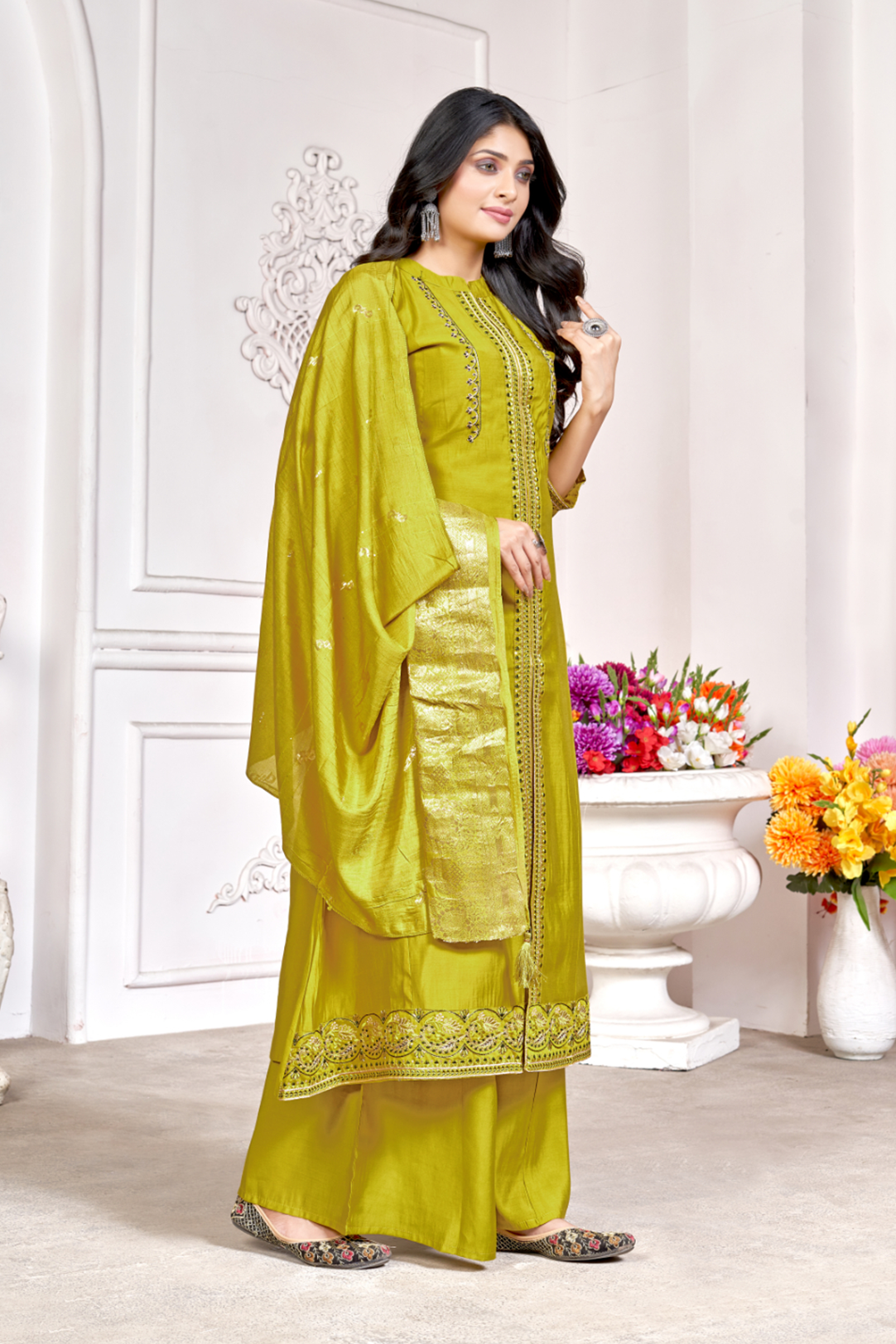 Women Mustard Yellow Designer Embroidered Salwar Kameez Palazzo Suit Set