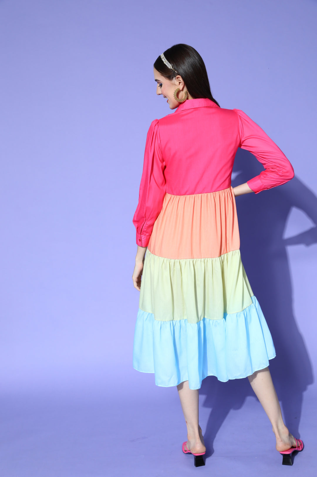 Women Rainbow Color Block Tiered Cotton Midi Dress