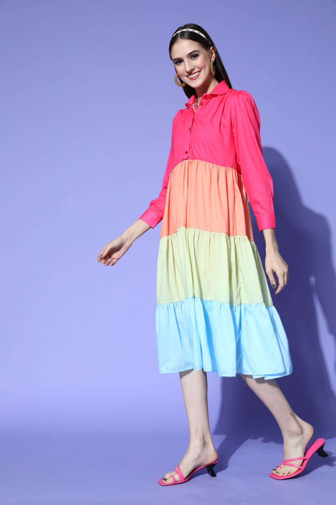 Women Rainbow Color Block Tiered Cotton Midi Dress