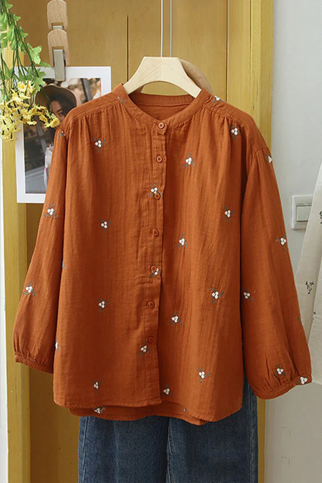 Women's Pure Cotton Floral Embroidered Button-Down Long Sleeve Tunic Top