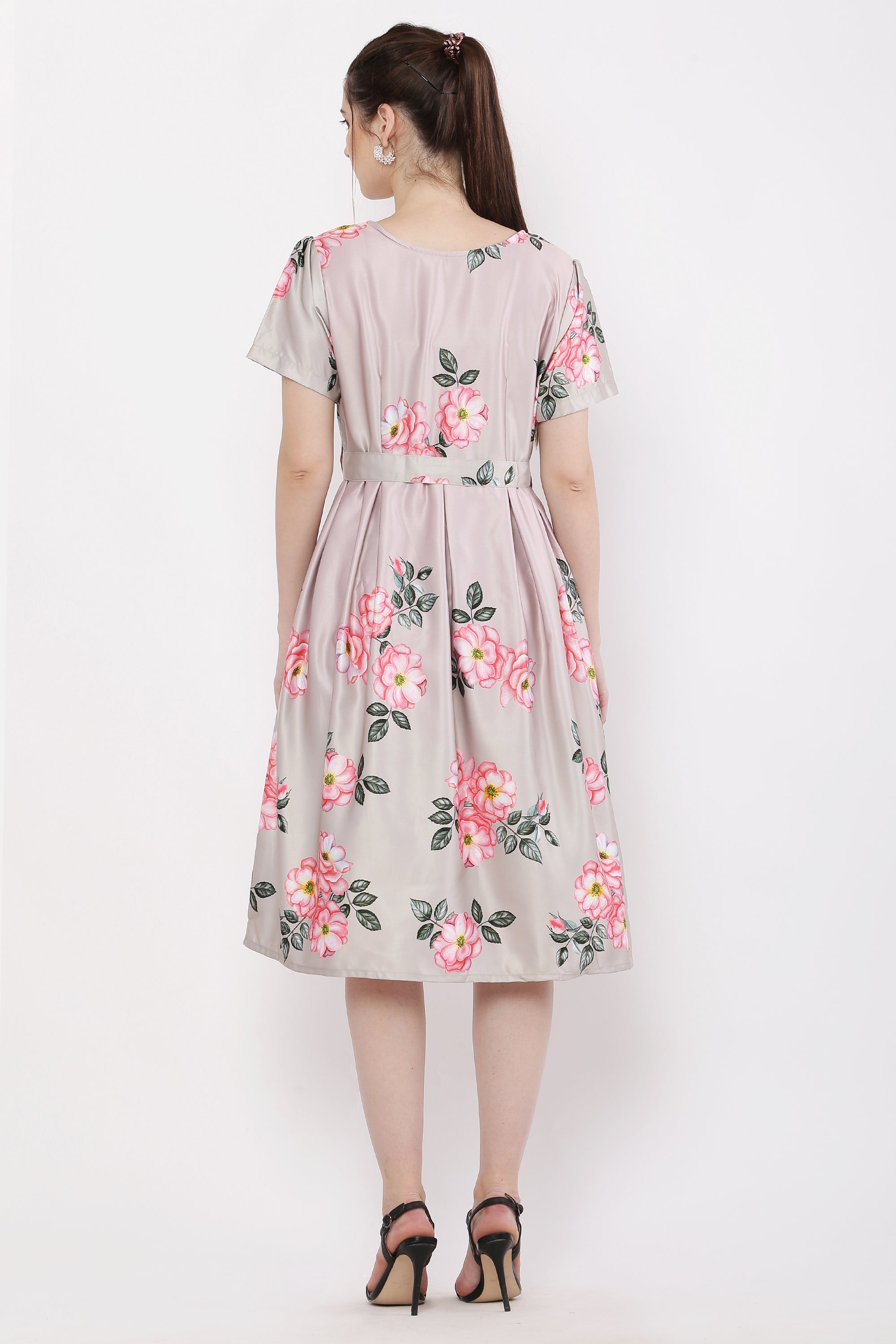 Women Blossom Pink Printed Satin Midi Dress