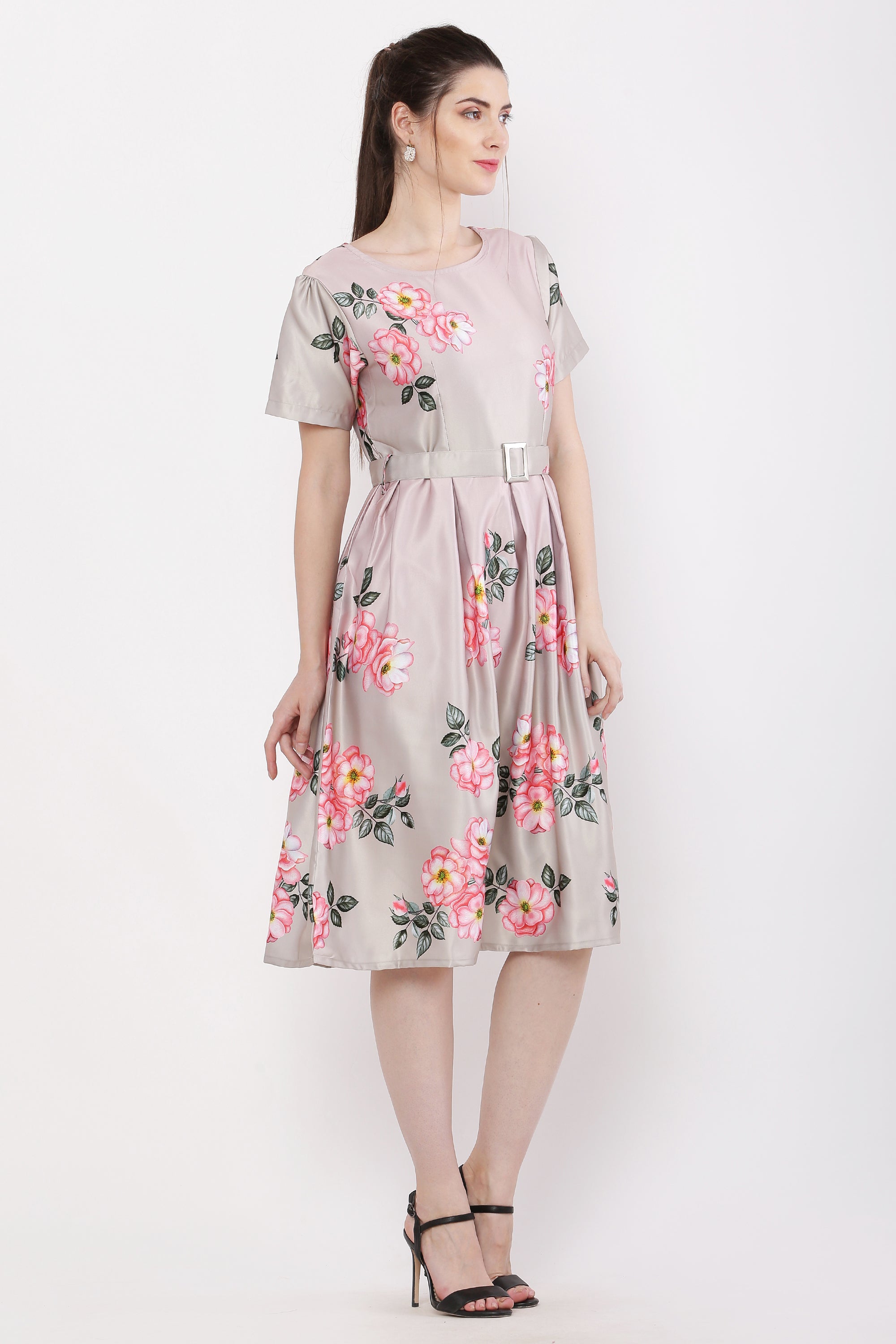 Women Blossom Pink Printed Satin Midi Dress