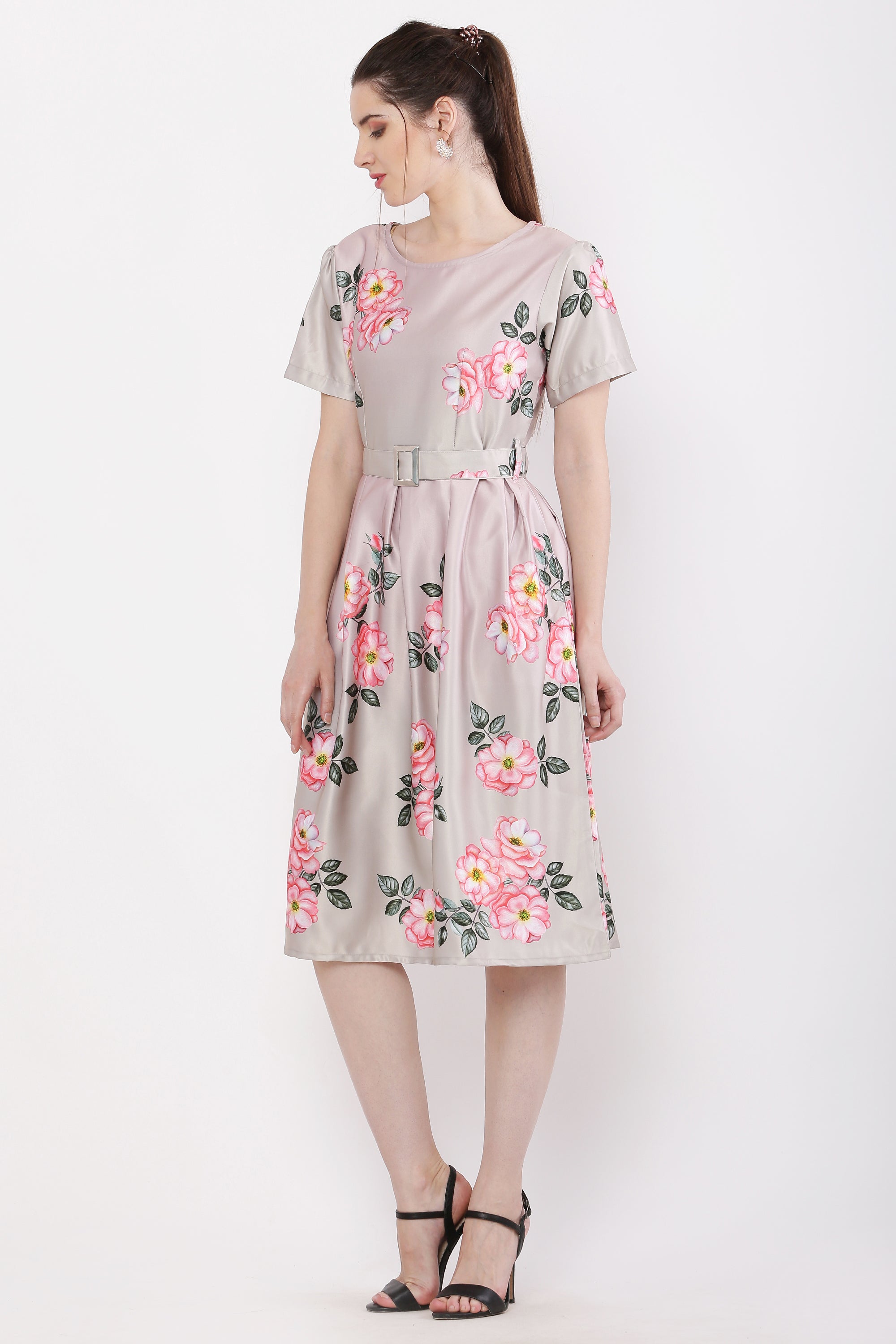 Women Blossom Pink Printed Satin Midi Dress