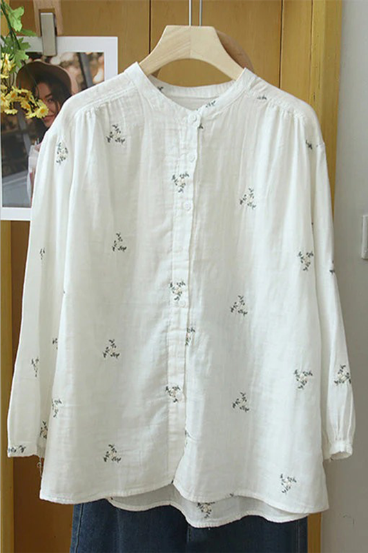 Women's Pure Cotton Floral Embroidered Button-Down Long Sleeve Tunic Top