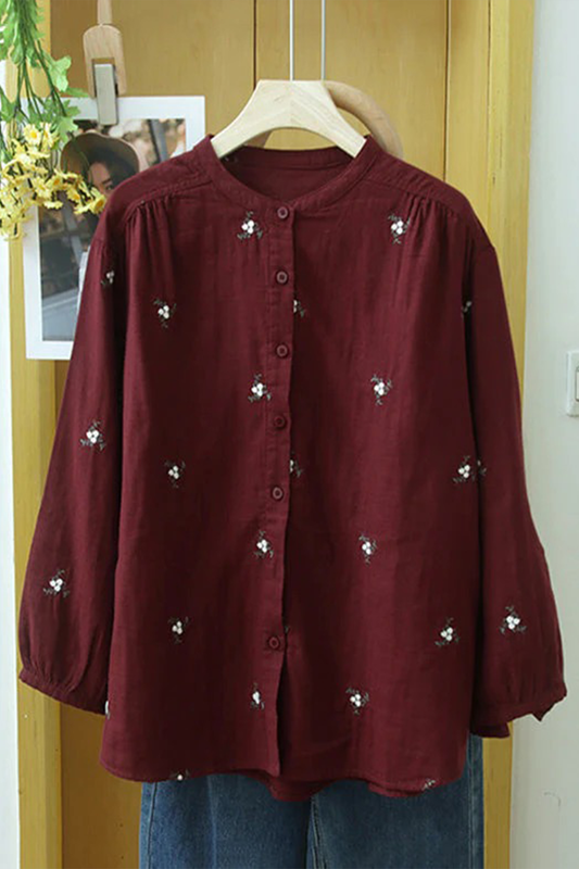 Women's Pure Cotton Floral Embroidered Button-Down Long Sleeve Tunic Top