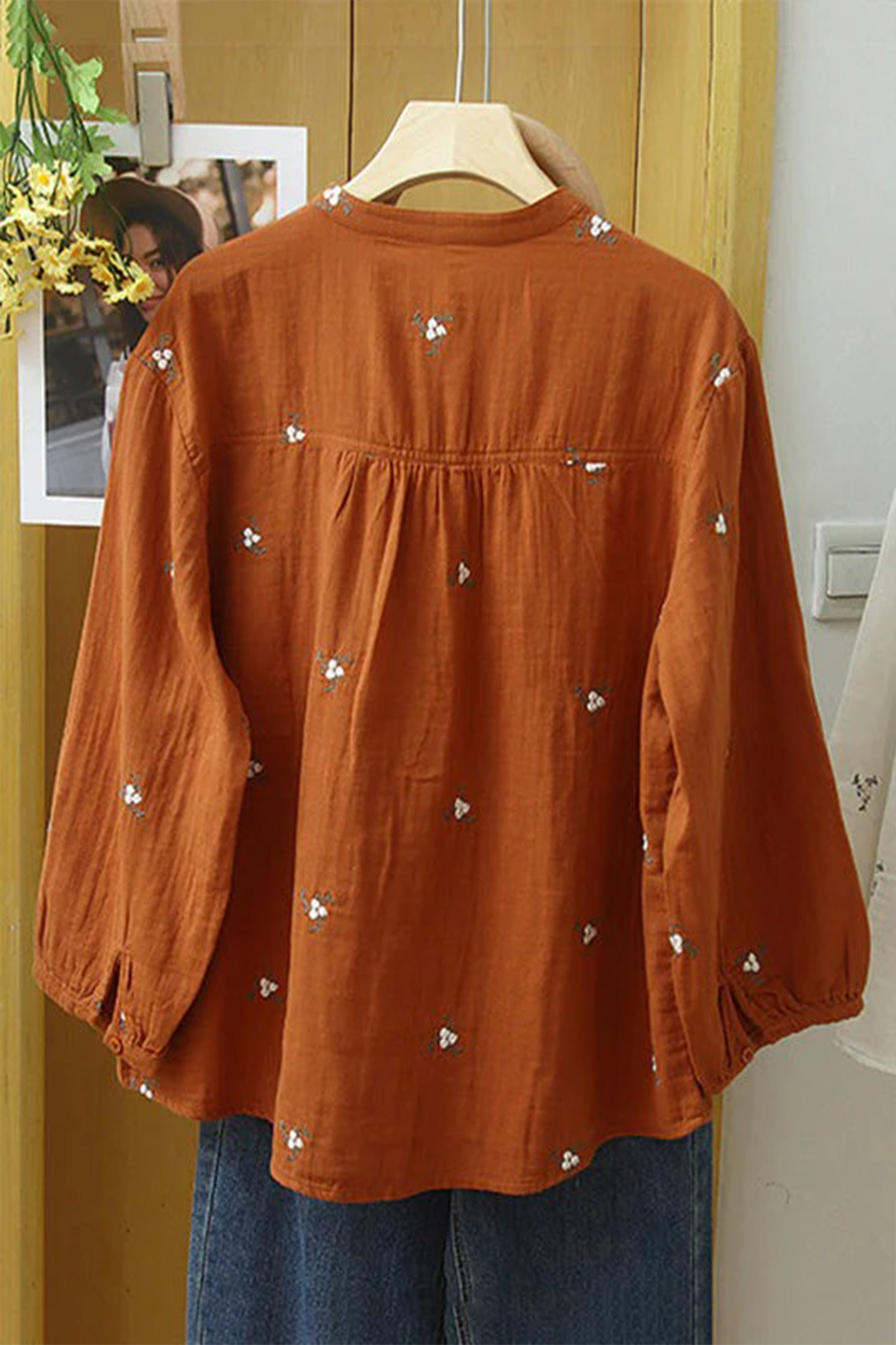 Women's Pure Cotton Floral Embroidered Button-Down Long Sleeve Tunic Top
