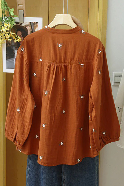Women's Pure Cotton Floral Embroidered Button-Down Long Sleeve Tunic Top