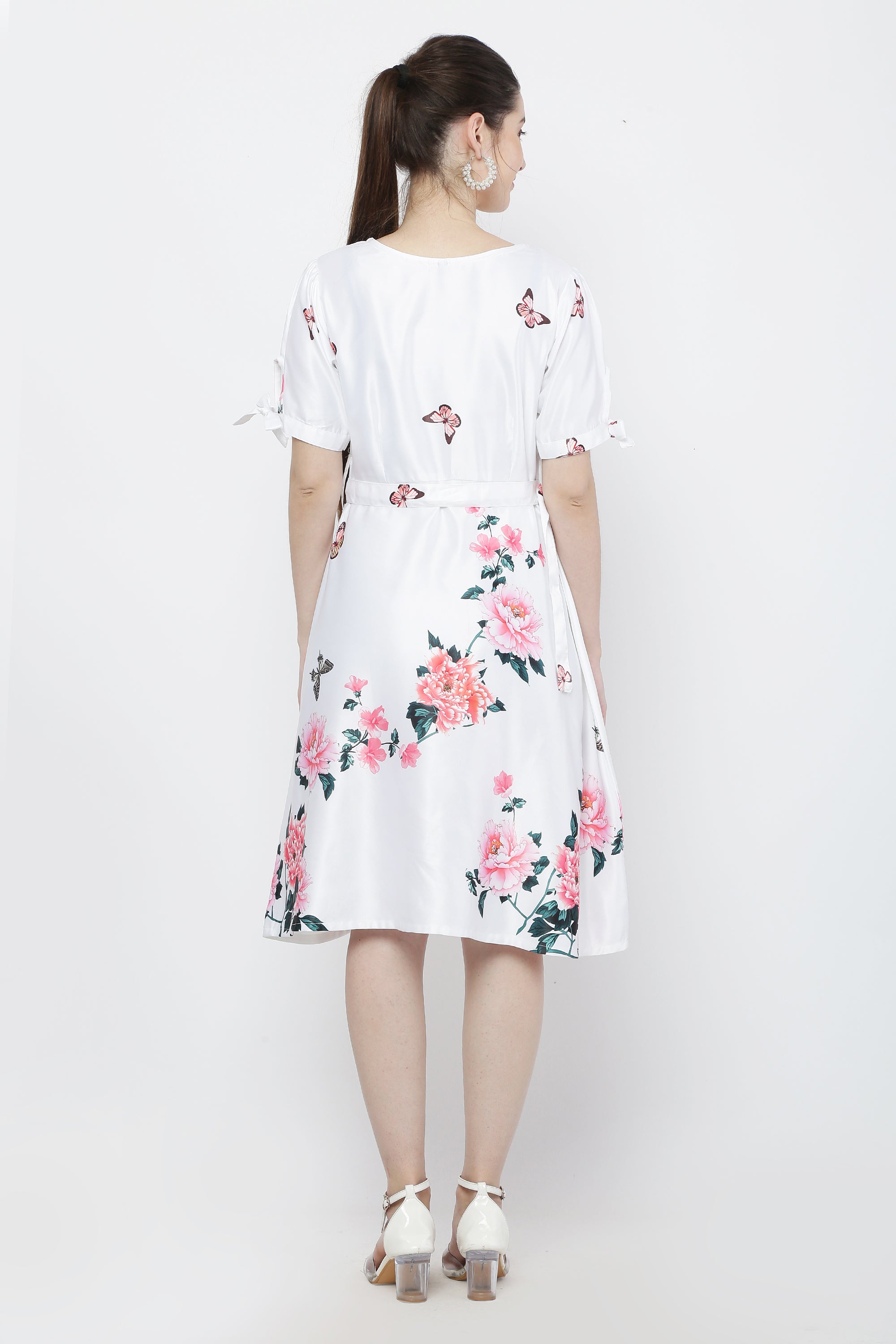 Women White Printed Satin Midi Dress