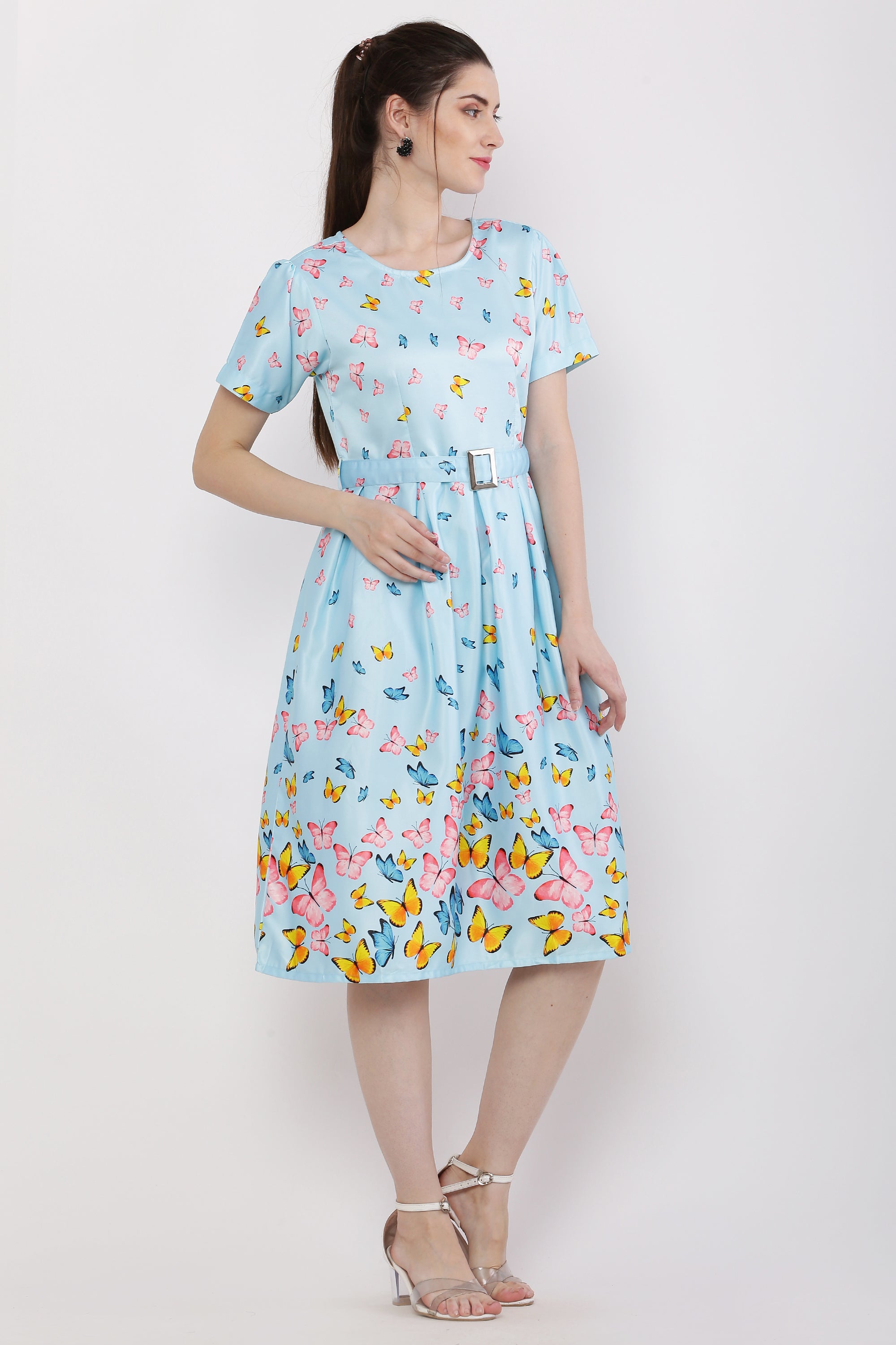 Women Turquoise Blue Printed Satin Midi Dress