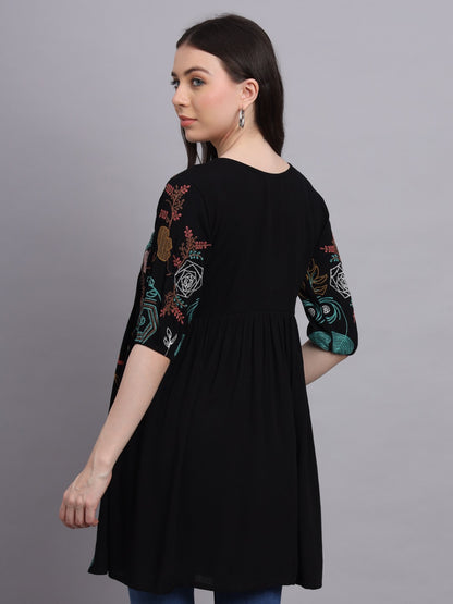 Regular Sleeves Embroidered Women Black Top