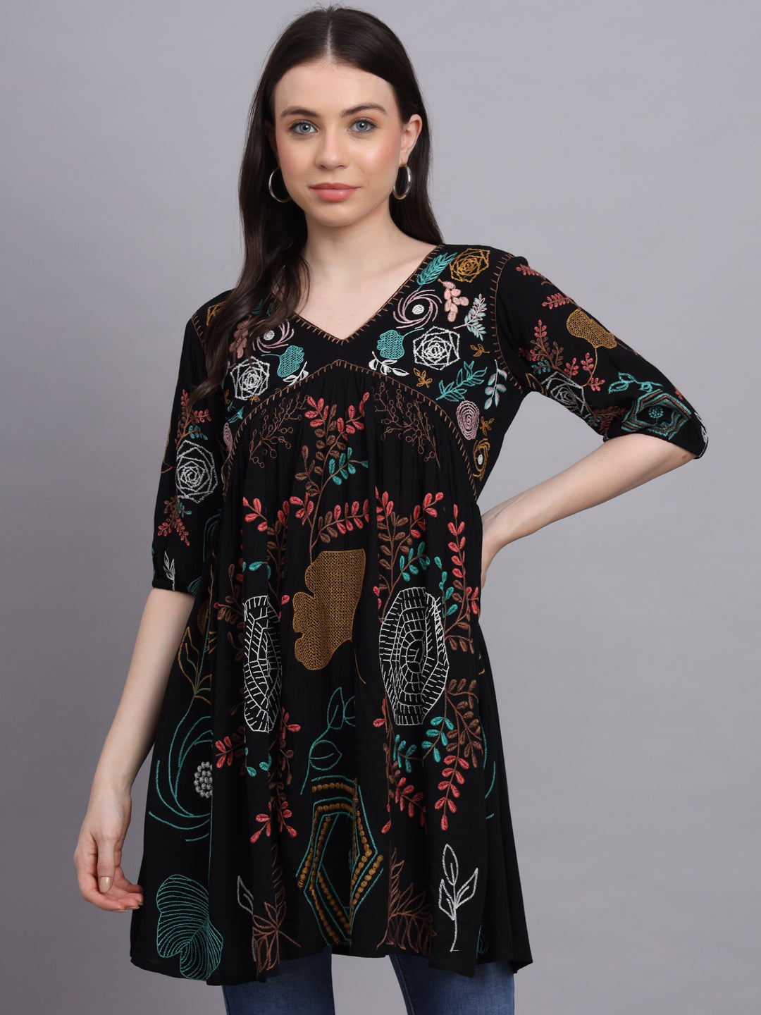 Regular Sleeves Embroidered Women Black Top