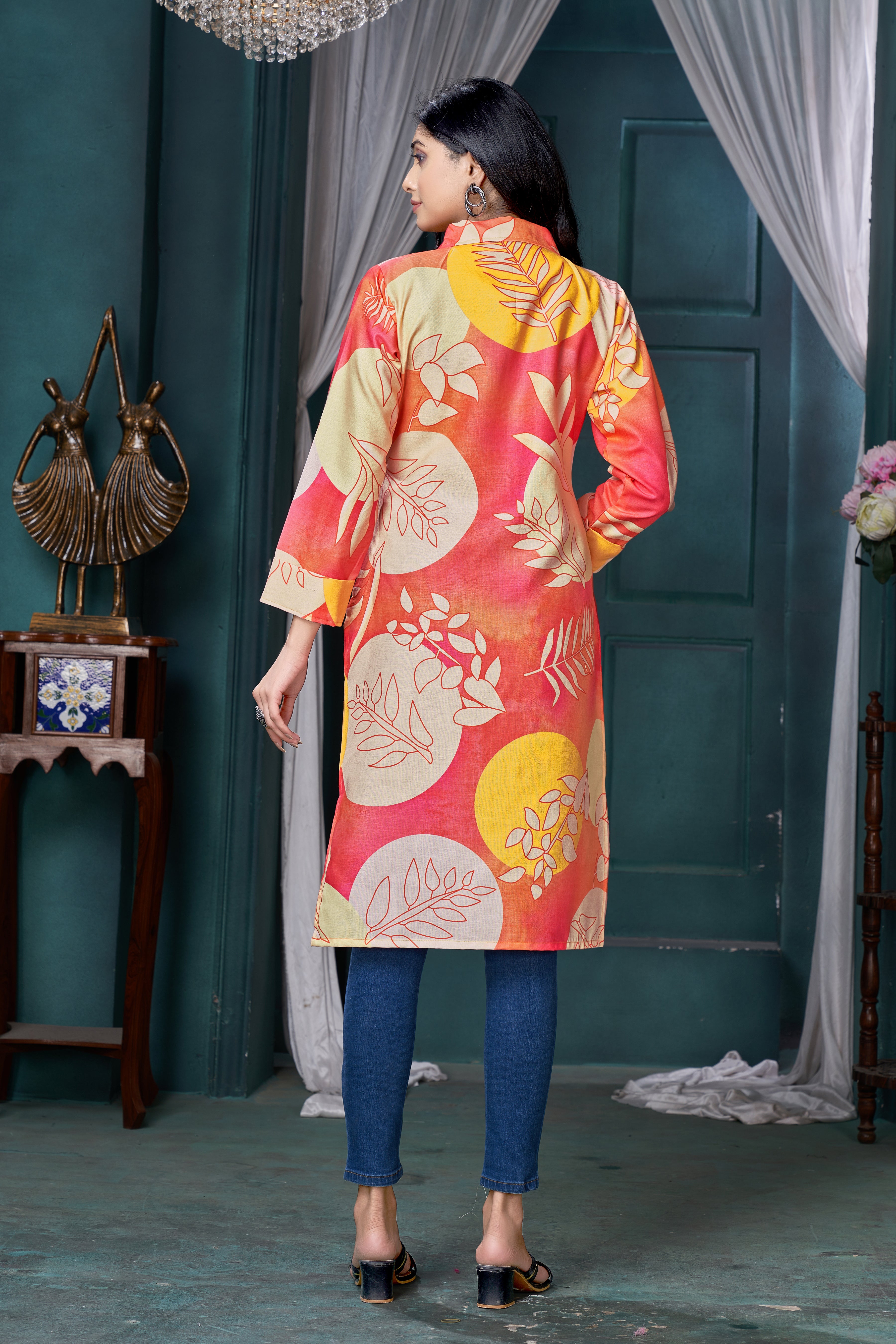 Orange Printed Linen Cotton Knee Length Kurti for Women