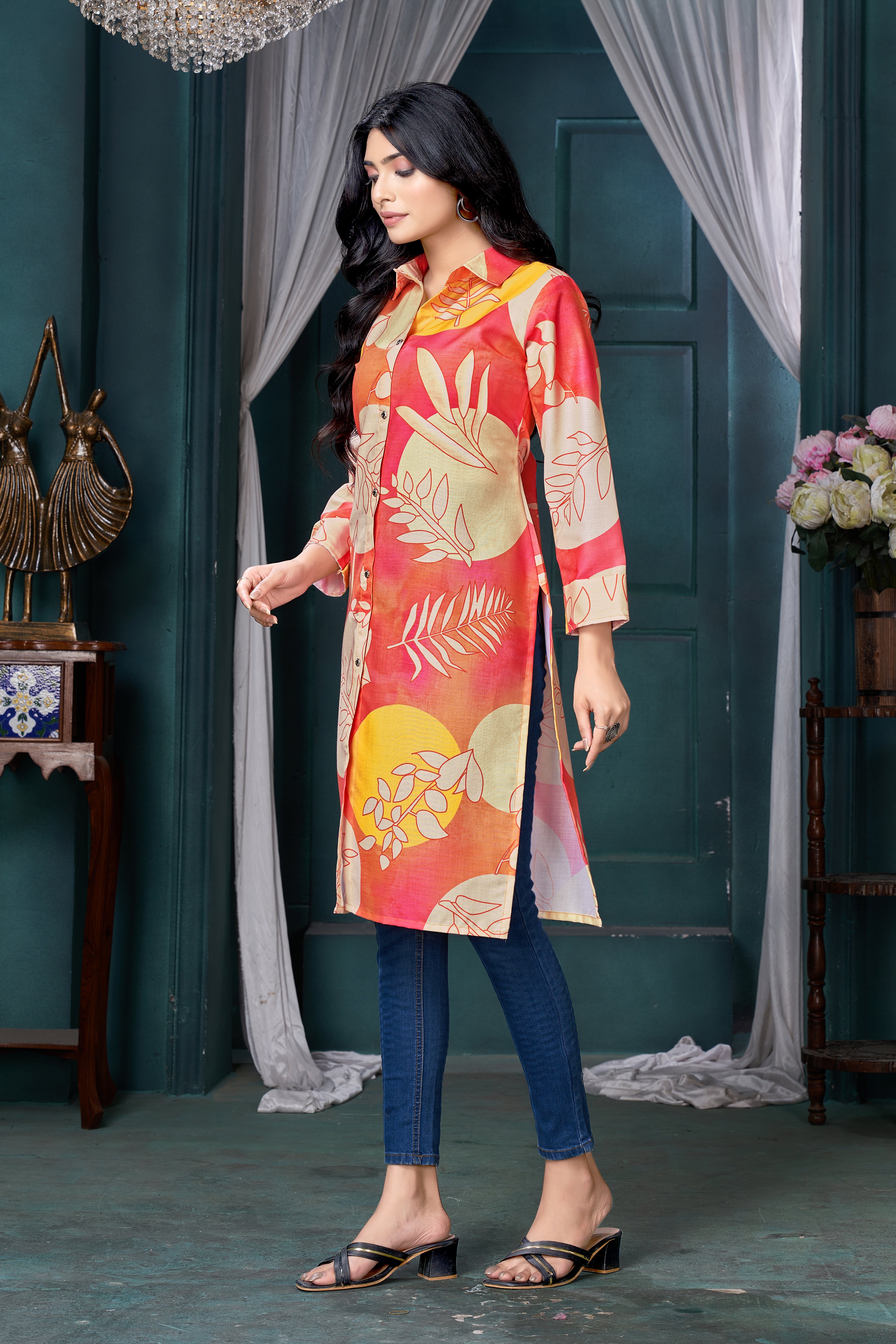 Orange Printed Linen Cotton Knee Length Kurti for Women