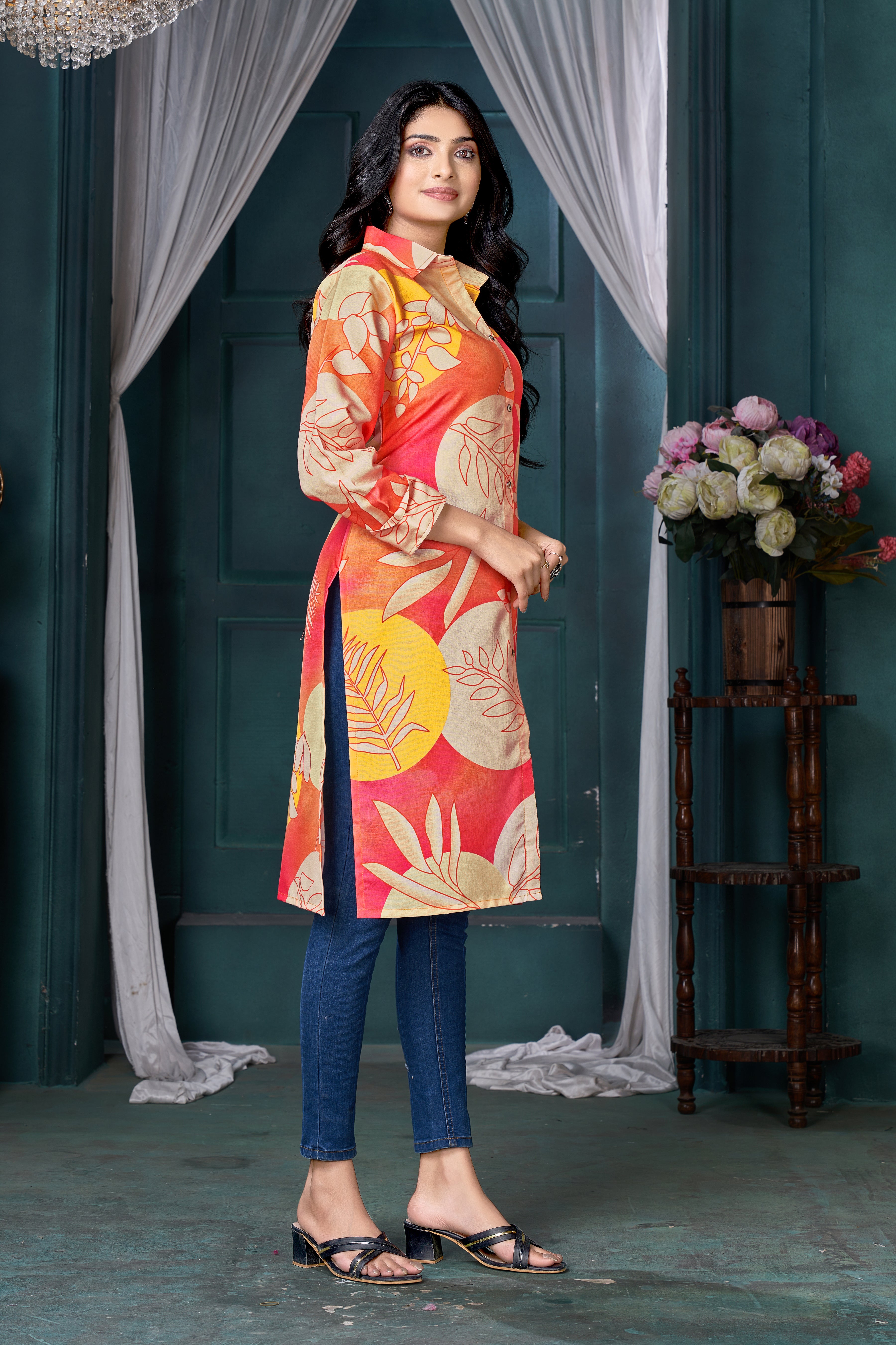 Orange Printed Linen Cotton Knee Length Kurti for Women