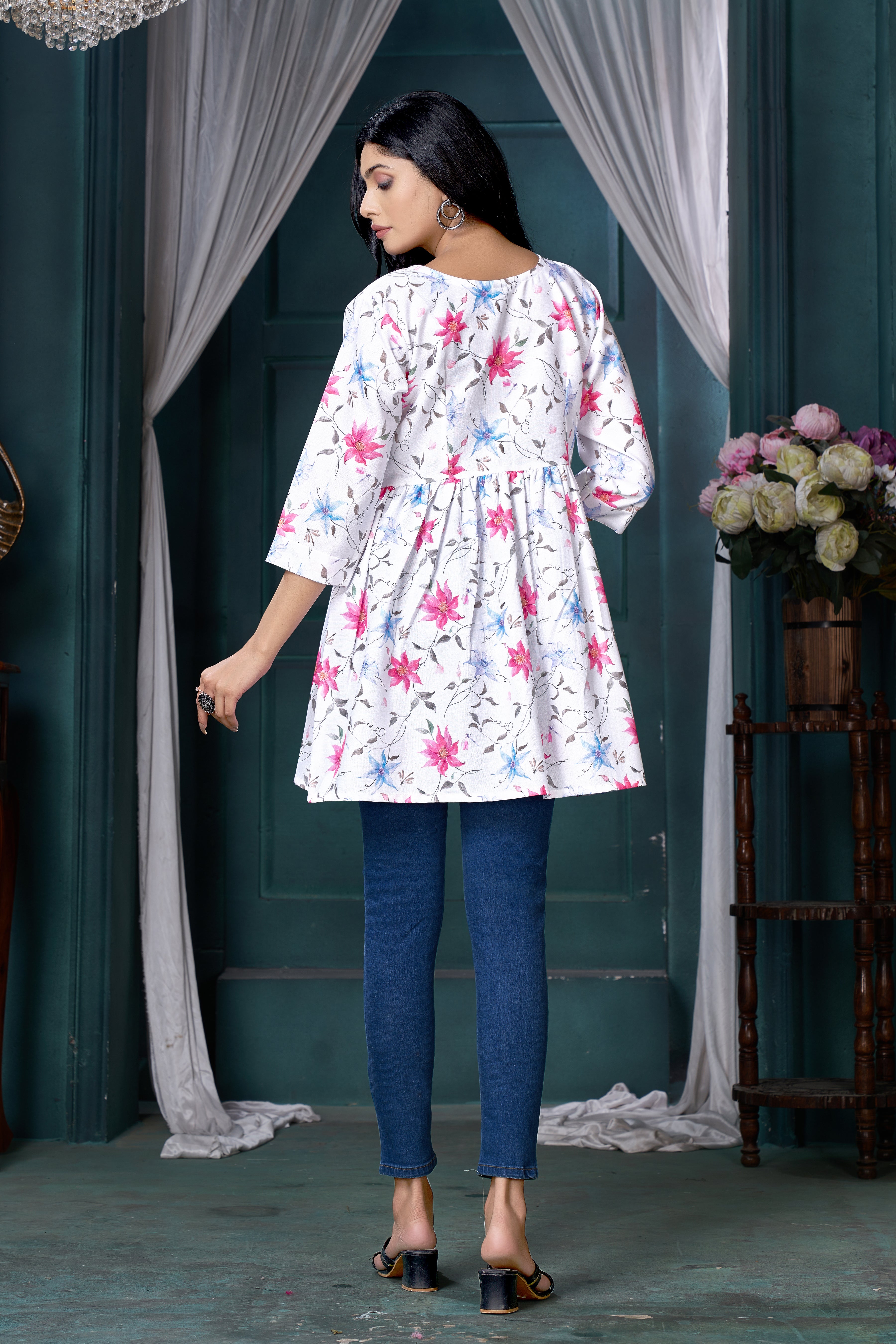 White Printed Linen Cotton Short Kurti for Women