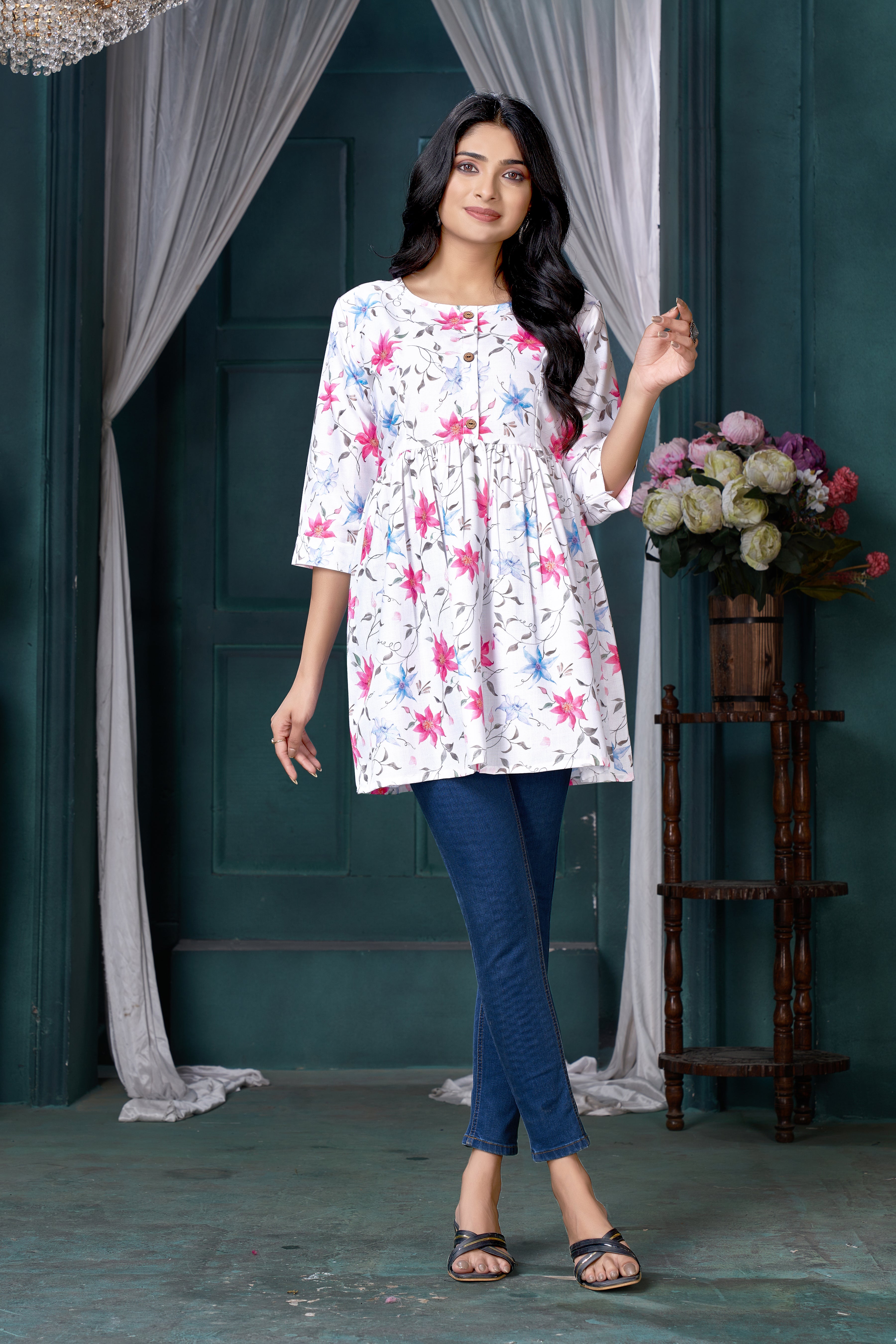 White Printed Linen Cotton Short Kurti for Women