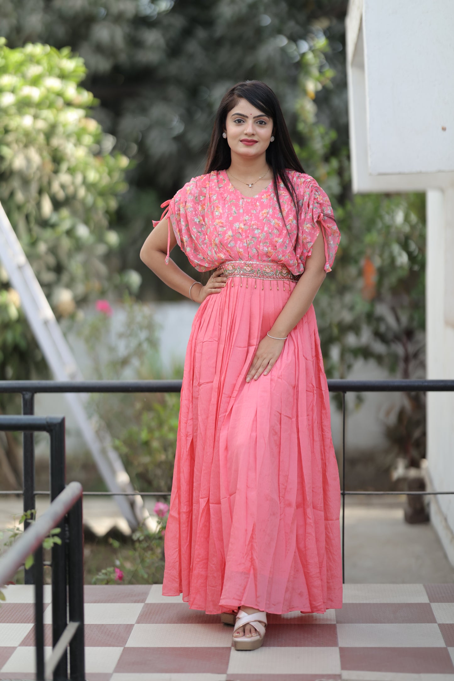 Women Pink Handwork Printed Georgette Gown