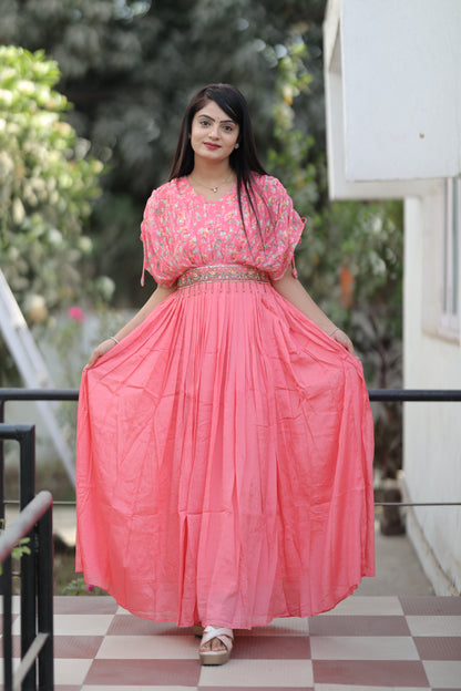 Women Pink Handwork Printed Georgette Gown