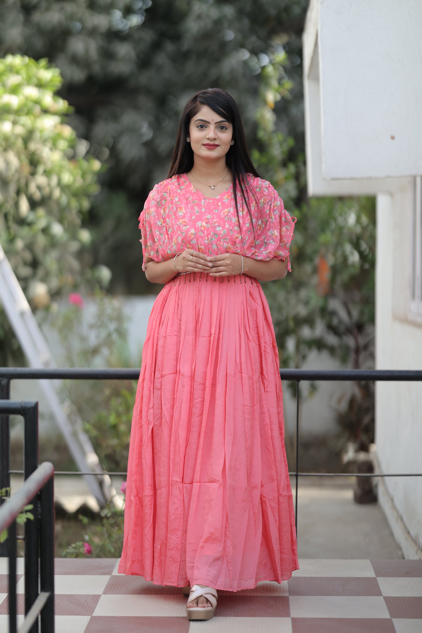 Women Pink Handwork Printed Georgette Gown