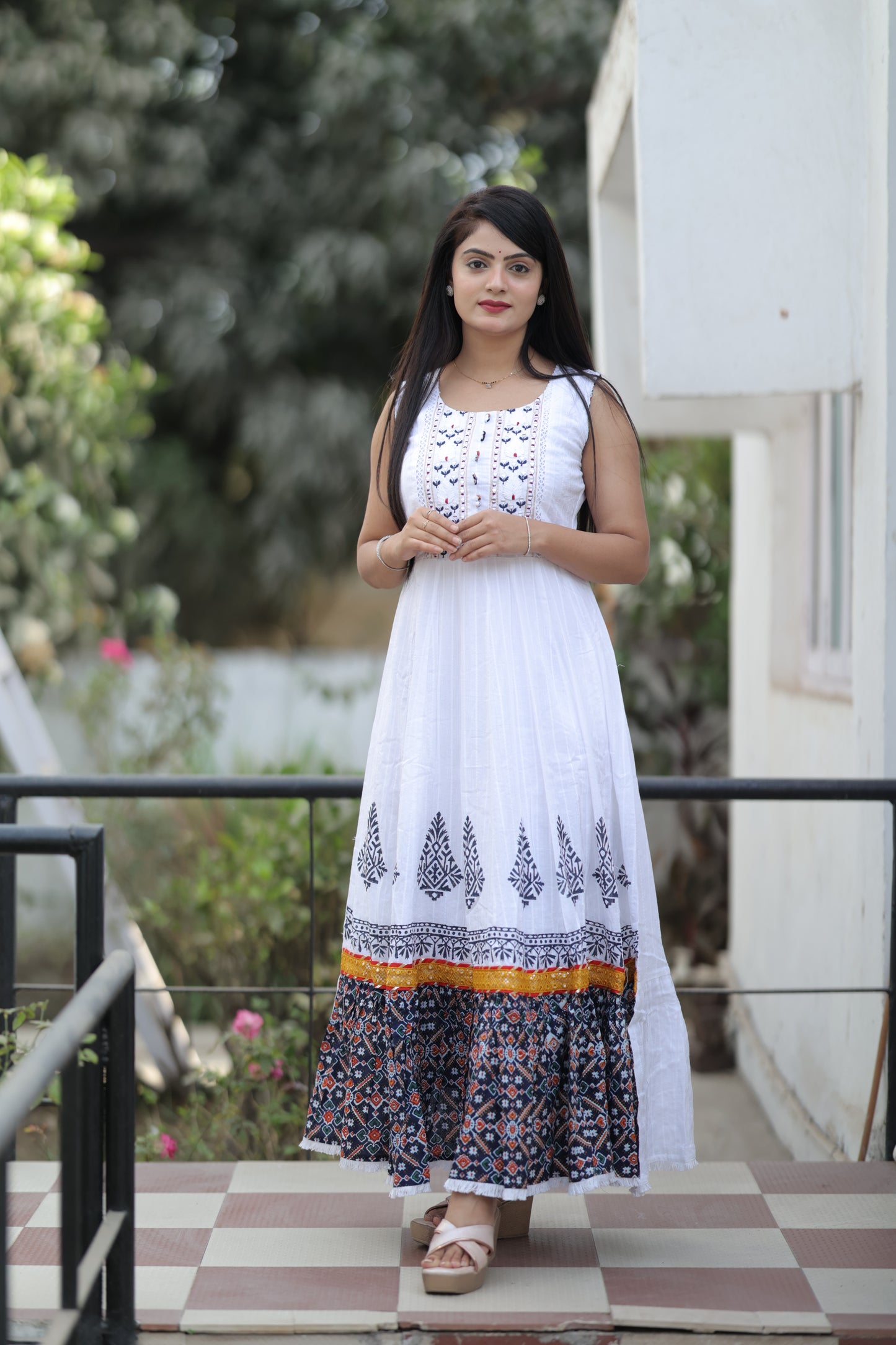 Women Cotton White Embroidered Mirror Work Gown