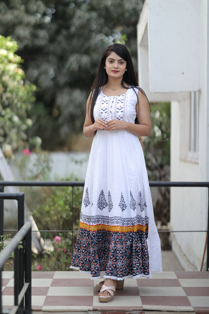 Women Cotton White Embroidered Mirror Work Gown
