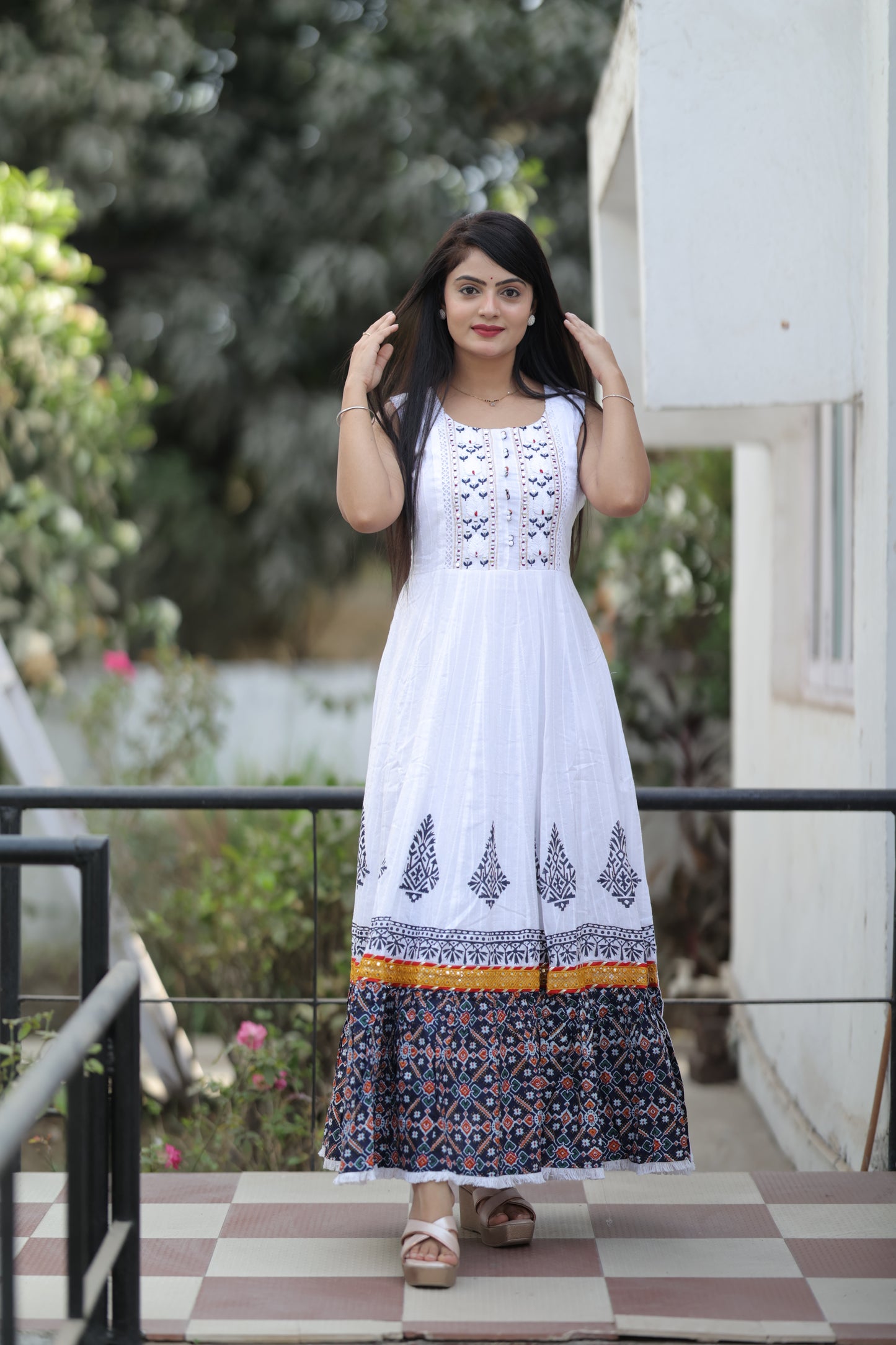 Women Cotton White Embroidered Mirror Work Gown