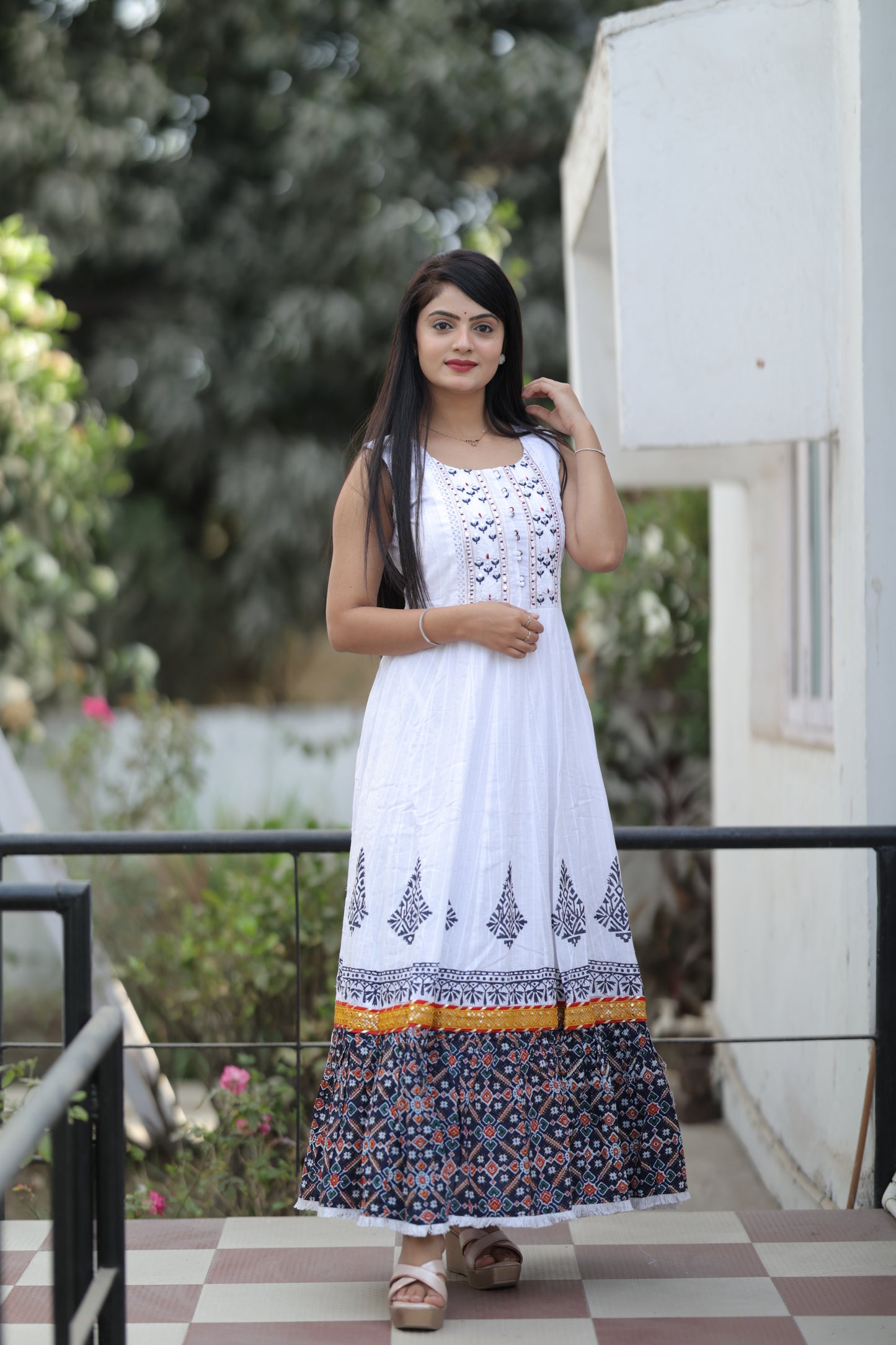 Women Cotton White Embroidered Mirror Work Gown