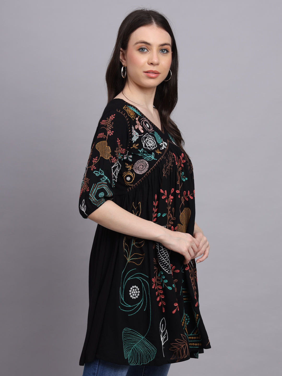 Regular Sleeves Embroidered Women Black Top