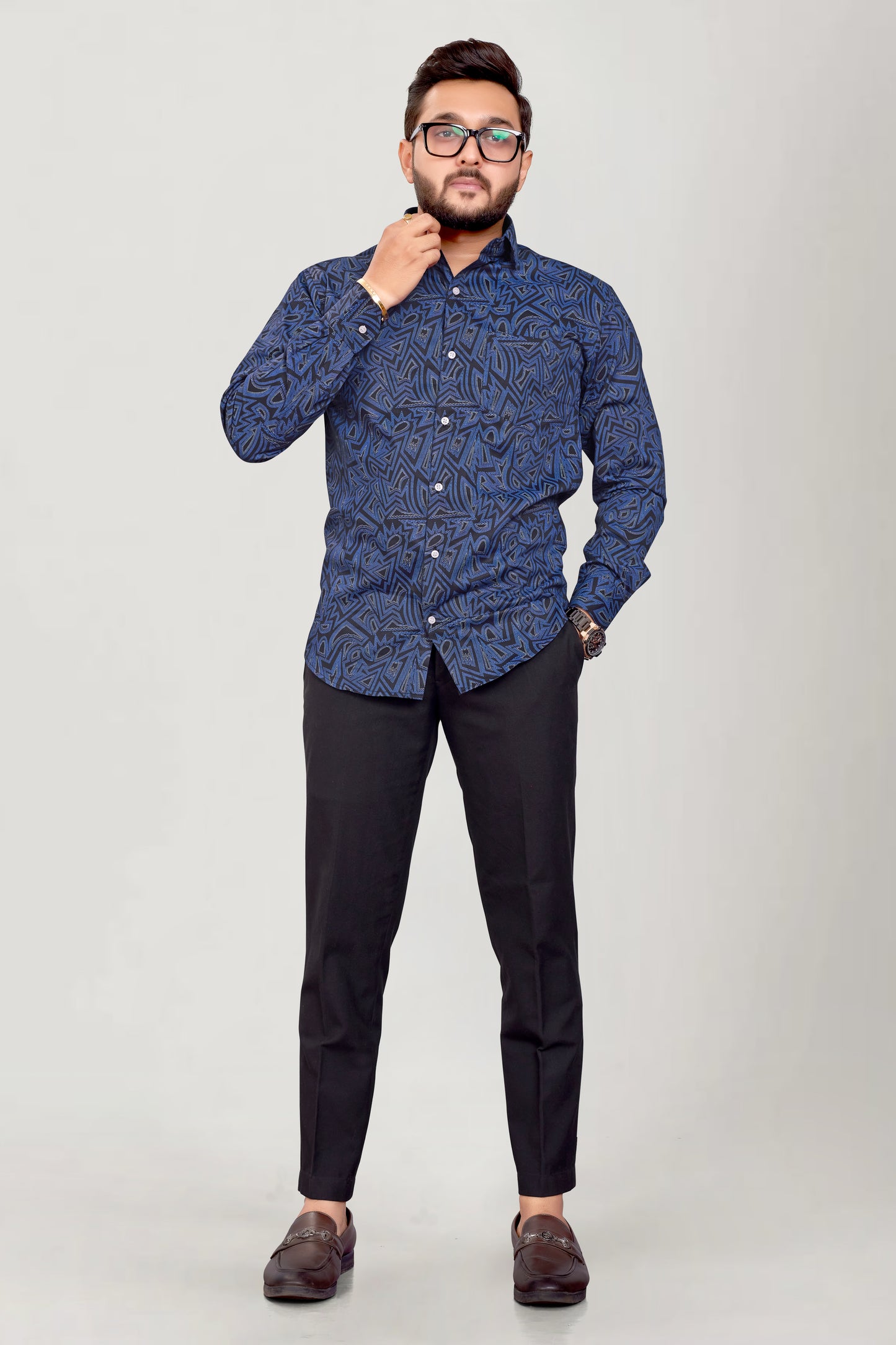 Men Midnight Blue Printed Premium Cotton Shirt