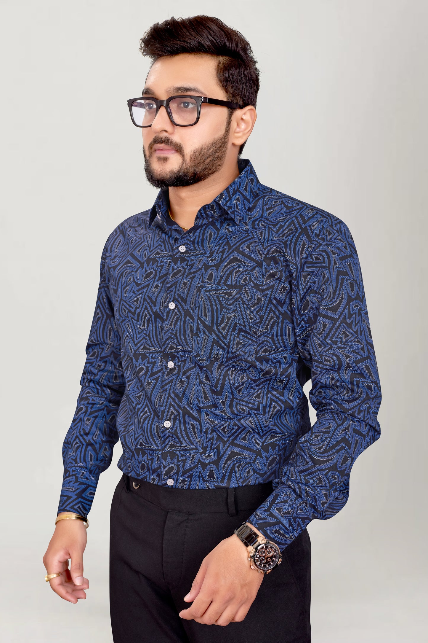 Men Midnight Blue Printed Premium Cotton Shirt
