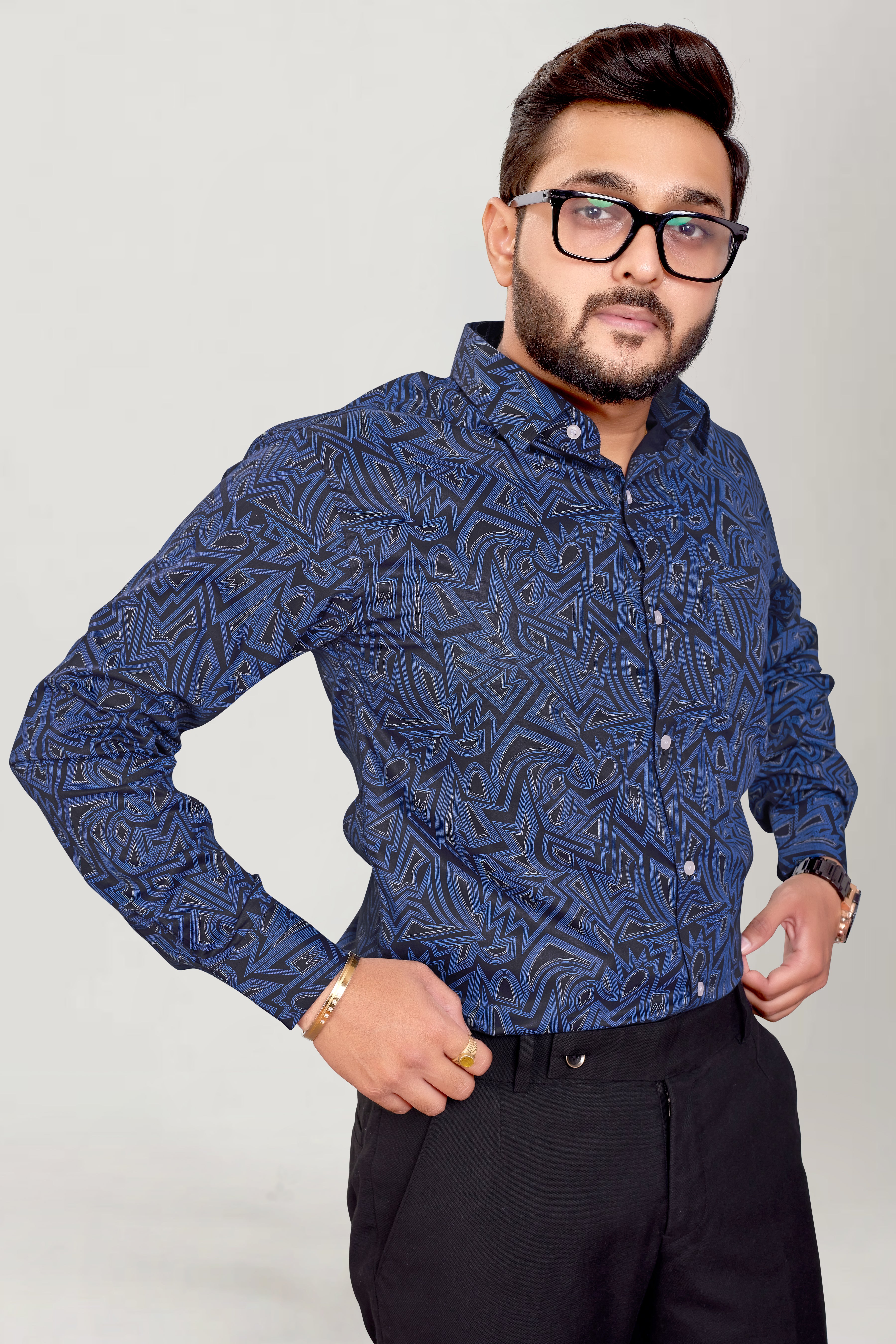 Men Midnight Blue Printed Premium Cotton Shirt