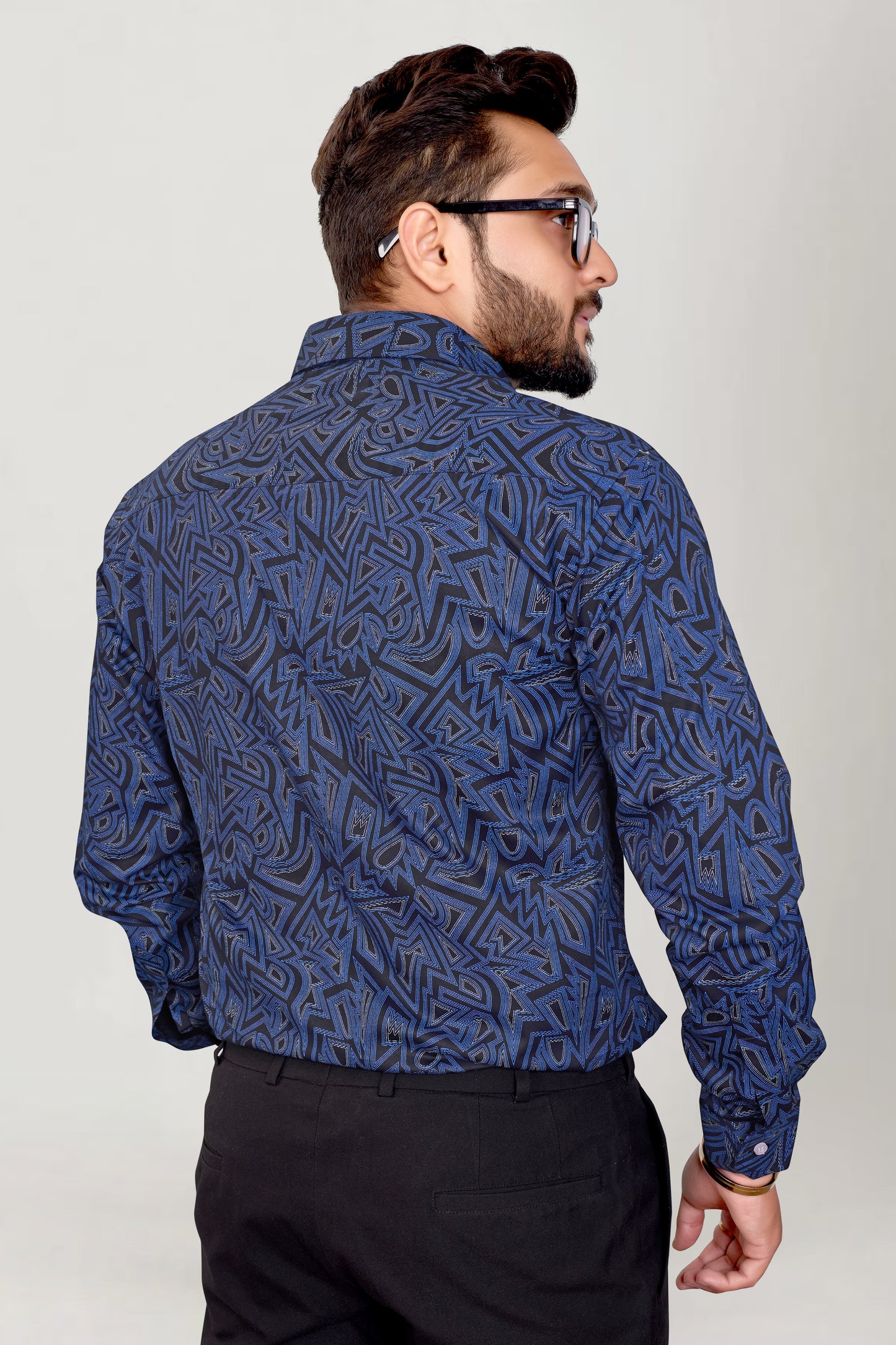 Men Midnight Blue Printed Premium Cotton Shirt