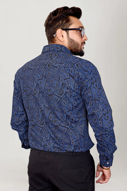 Men Midnight Blue Printed Premium Cotton Shirt