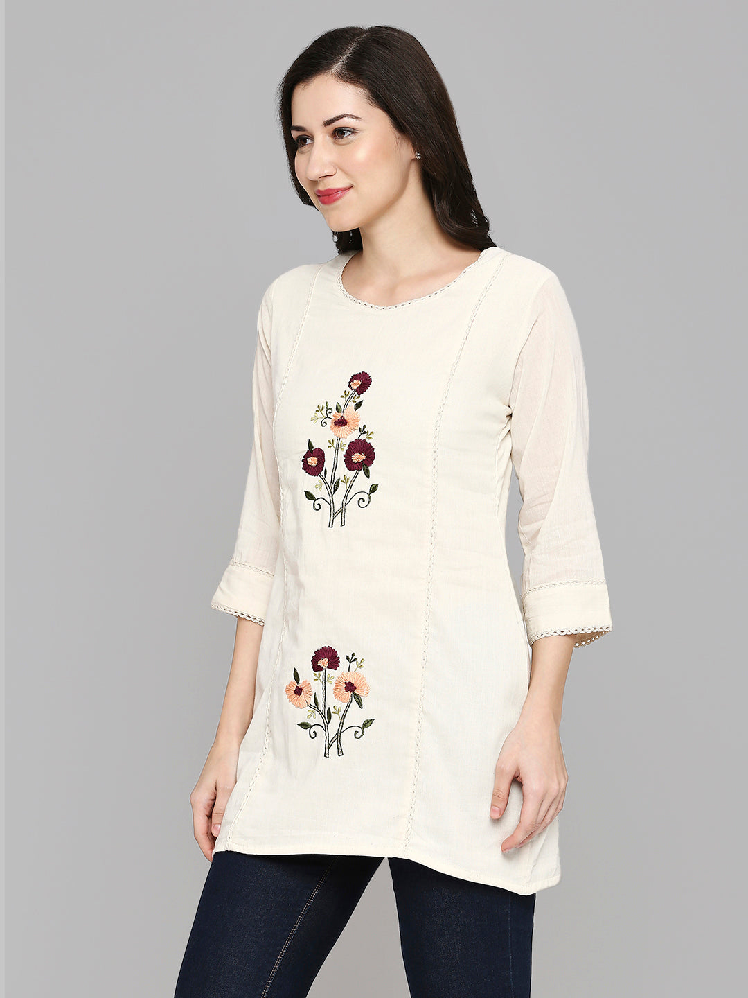 Women Embroidered White Khadi cotton Tunic Top