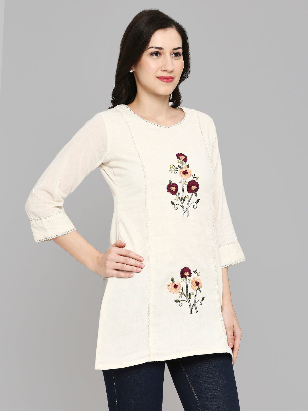 Women Embroidered White Khadi cotton Tunic Top